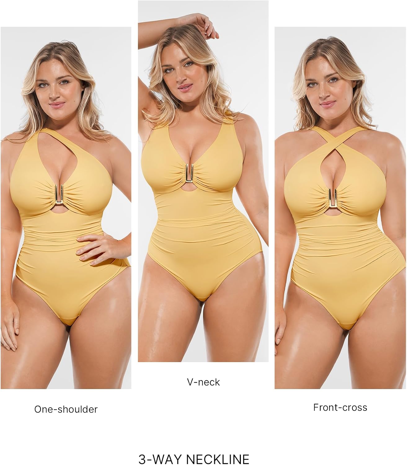 Detalle de SHAPELLX Tummy Control One-Piece Swimsuit with V-Neck, Ruched Shaping and Slimming Power-Manage
