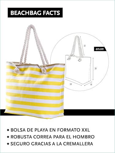 Detalle de DonDon Bolso de playa grande con cremallera: diseño a rayas blanco y amarillo