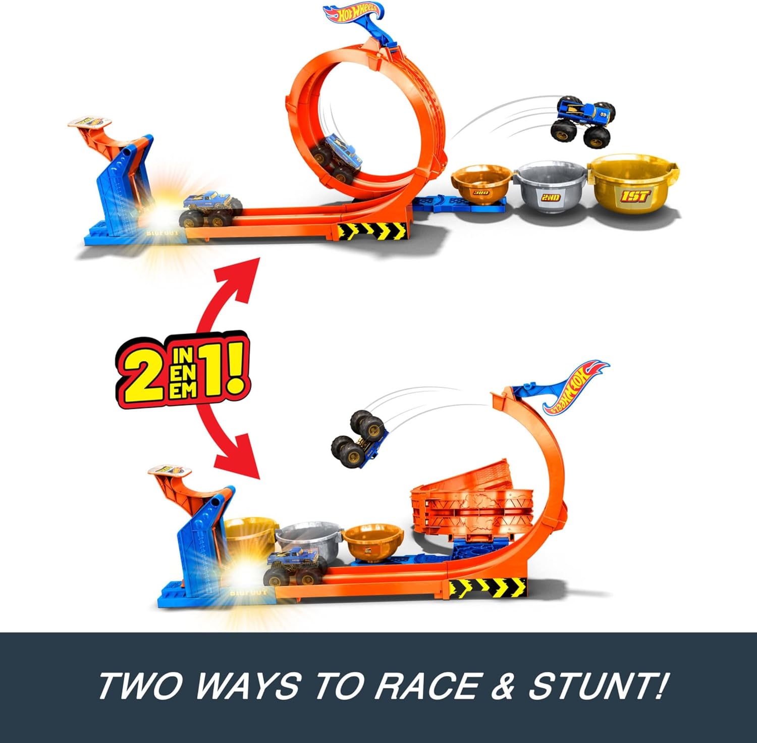 Thumbnail 3 de Hot Wheels Monster Trucks Loop‑And‑Flip Trophy Challenge with 50th Anniversary Bigfoot (1:64 Die‑Cast)