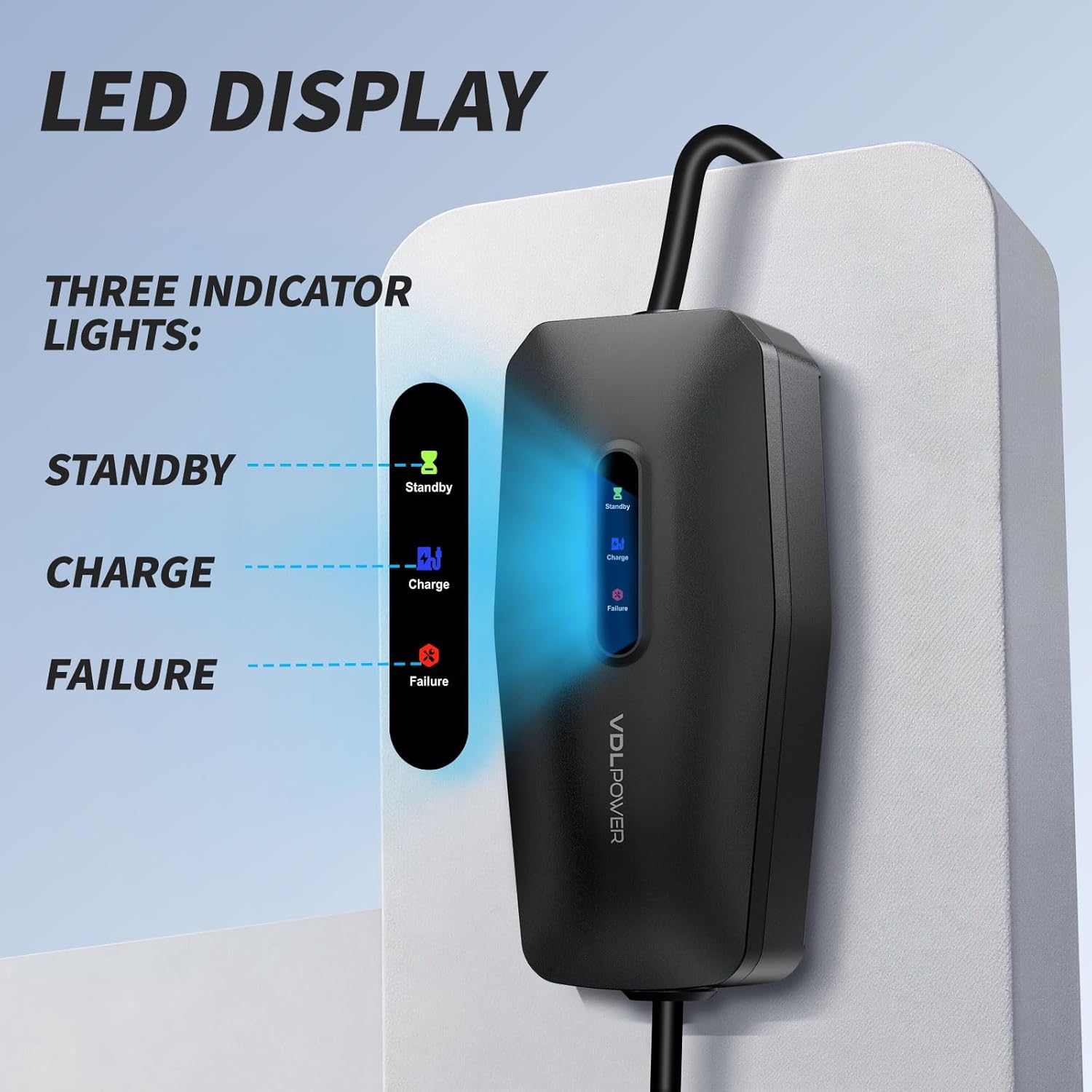 Detalle de VDLPOWERVP EV Charger 3kW Type 2 to 3 Pin Plug — 8m Portable EV Charger for UK