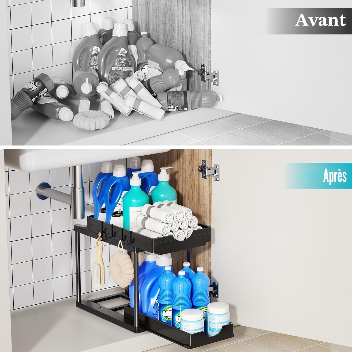 Detalle de ARSTPEOE Rangement Sous Évier – Organisateur à 2 niveaux, tiroir coulissant, noir