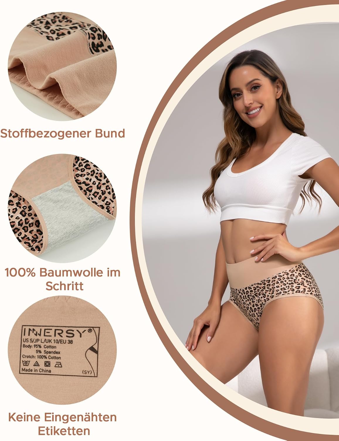 Detalle 2 de INNERSY Damen-Slips mit hoher Taille aus Baumwolle/Stretch – 5er Pack