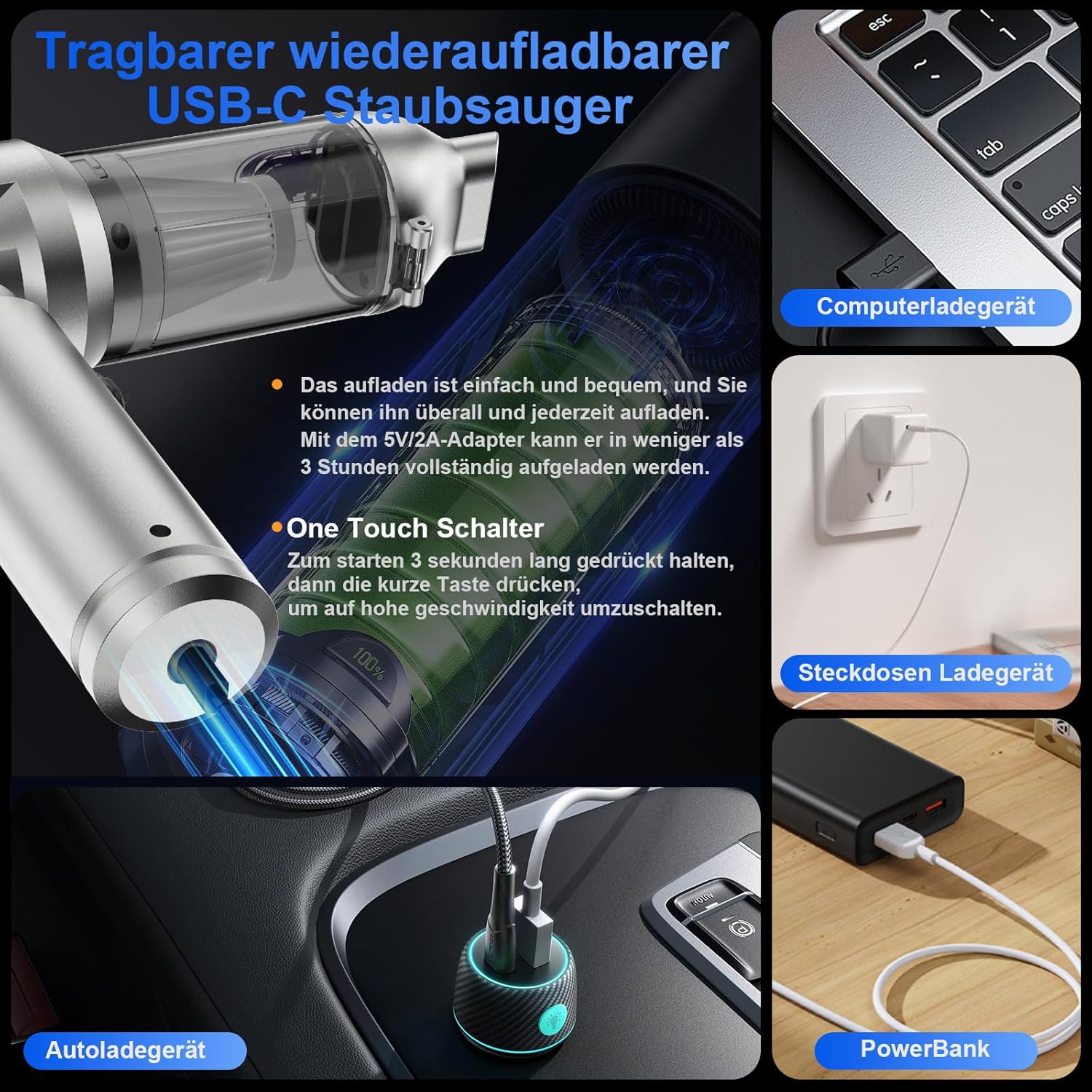 Detalle de Handstaubsauger 26.000 Pa (4-in-1) mit Akku, 3 Modi und Digitalanzeige – violett