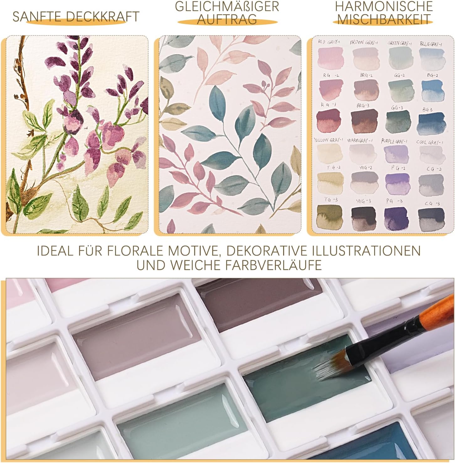 Detalle 1 de Fuumuui Aquarellfarben-Set mit 24 deckenden Farben (halbgetrocknet) inkl. Mischpalette