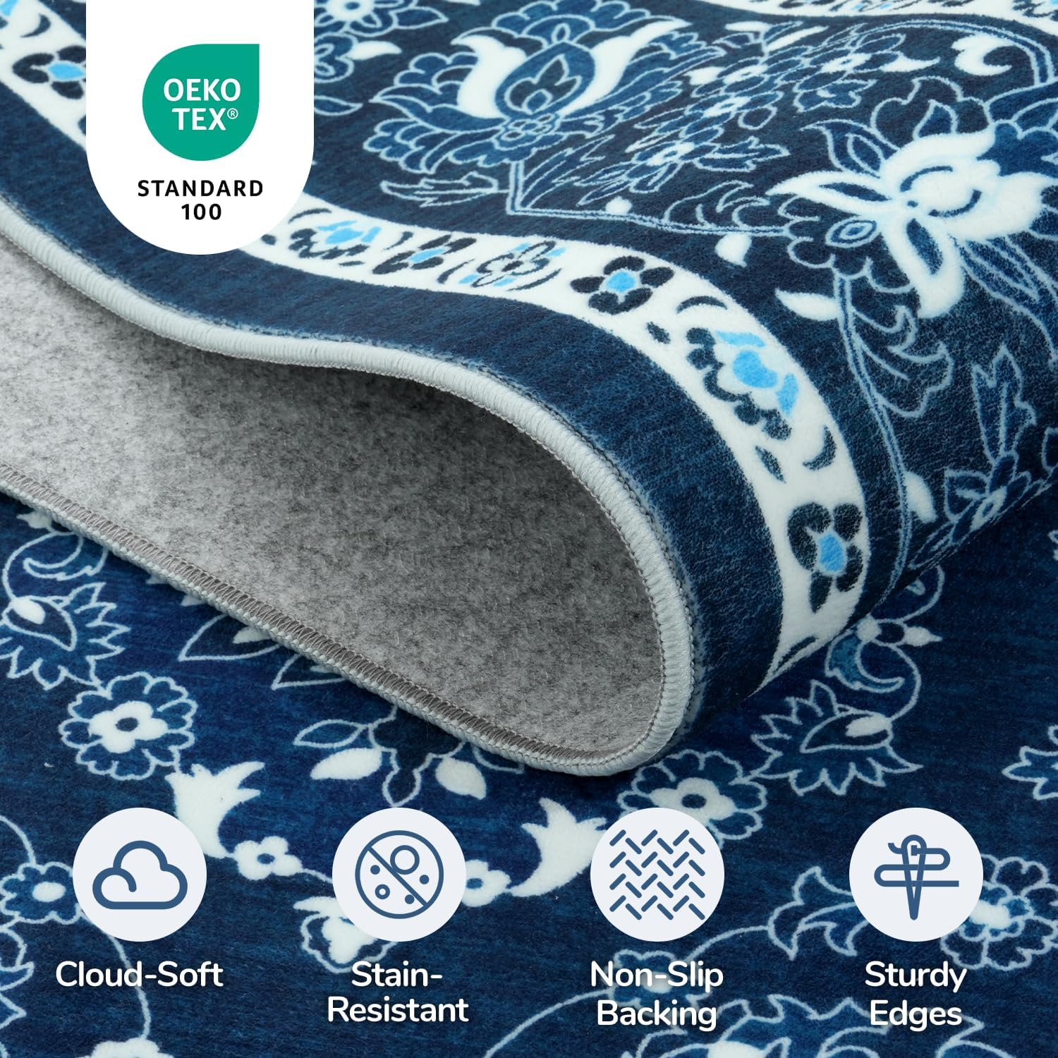 Detalle de Lessymo 9' x 12' Blue Floral Area Rug, Washable Low-Pile Faux Wool