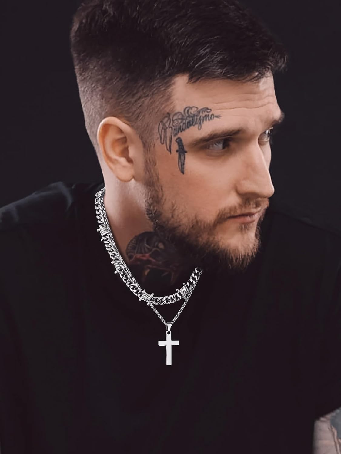 Thumbnail 1 de Bandmax Chaîne Homme Acier Inoxydable Épines et Croix – 40/45/50/55 cm, 9–12 mm (Gothique) – Collier Hip Hop