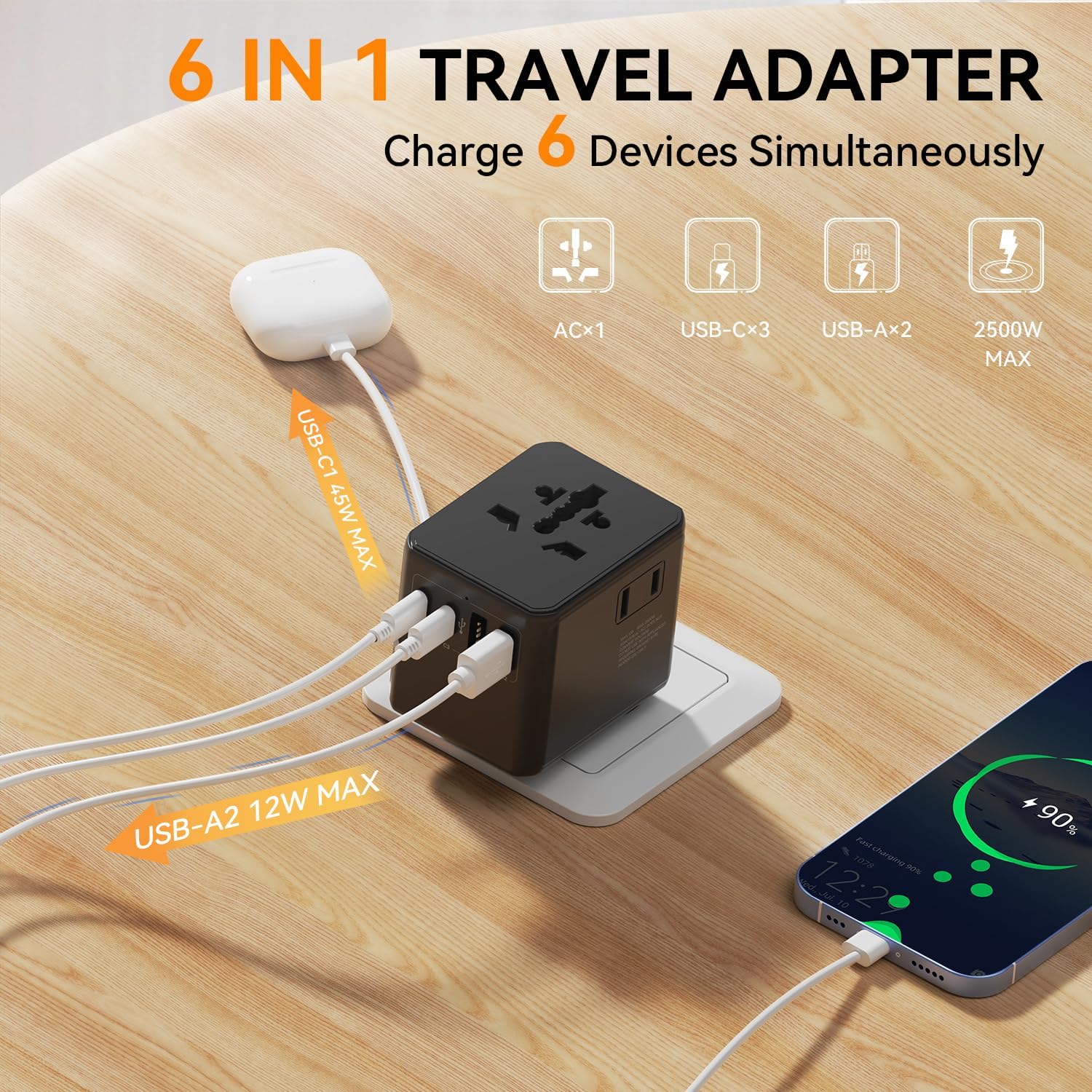 Detalle de Auxmir Reiseadapter Weltweit – Universeller Steckdosenadapter mit USB-C und USB-A, 2500W, Safe & Kompakt