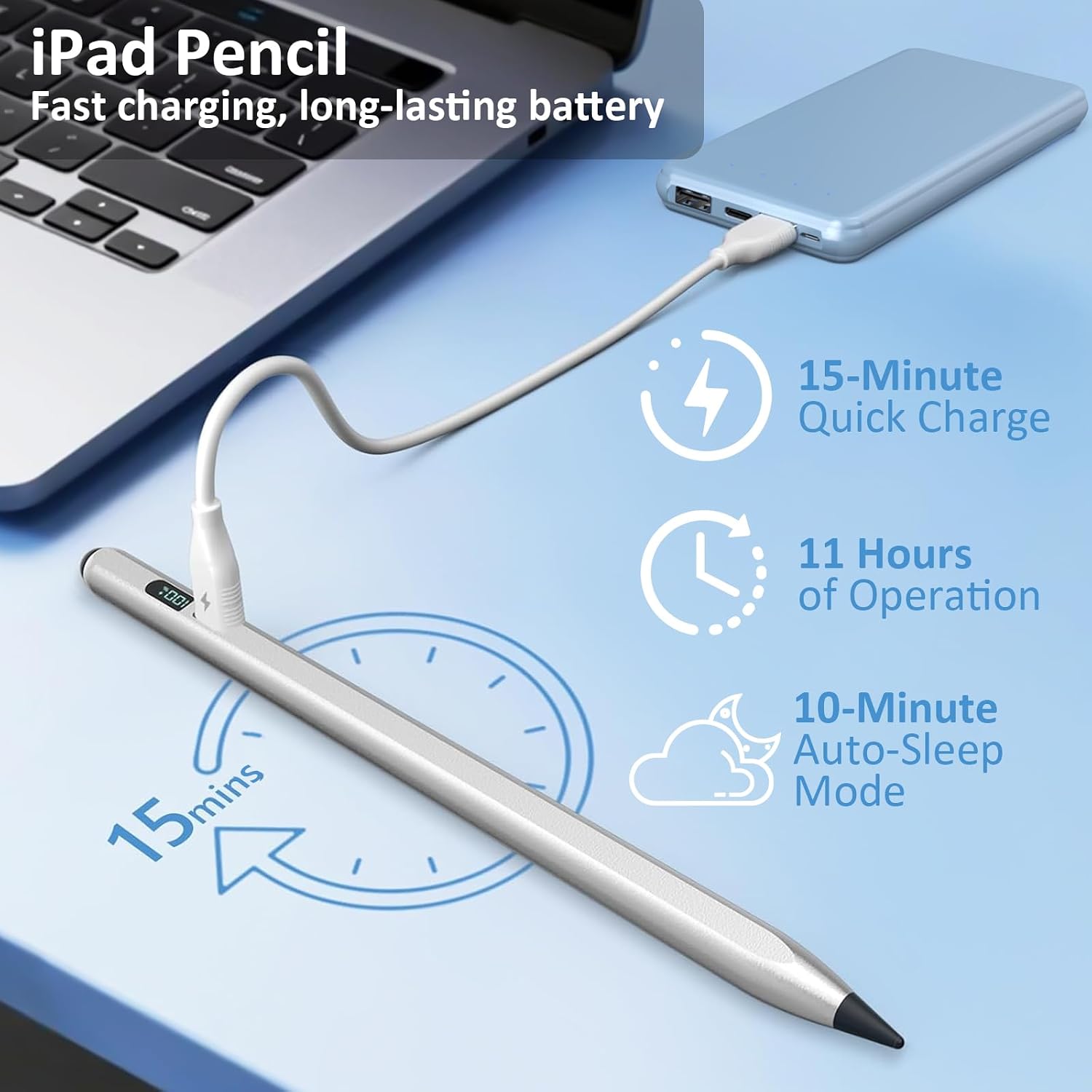 Detalle 2 de Styluslink 2-in-1 Pencil for iPad (2018–2026) with LED power display – USB-C fast charge, palm rejection (Silver)