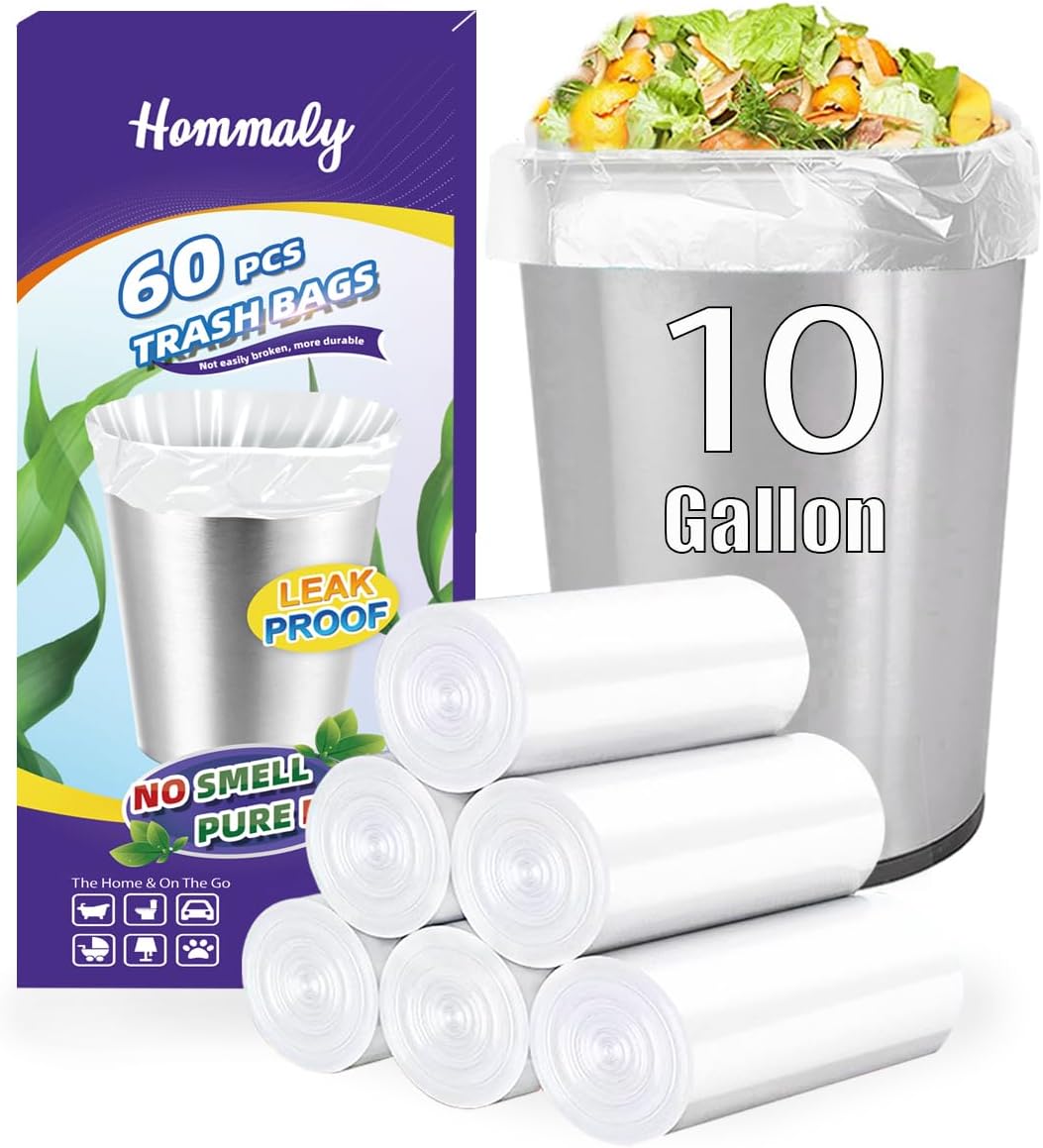 10 Gallon 60pcs Medium Clear Trash Bags (10G60-Clear) — Strong, Leak-Proof Bin Liners for Home or Office