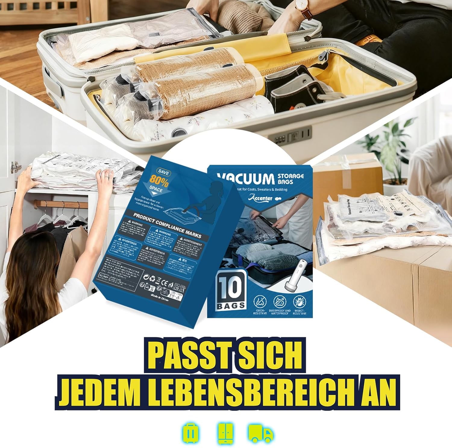 Thumbnail 1 de Accenter Vakuumbeutel für Kleidung mit elektrischer Pumpe (Set mit 10 Teilen, 3 Größen)