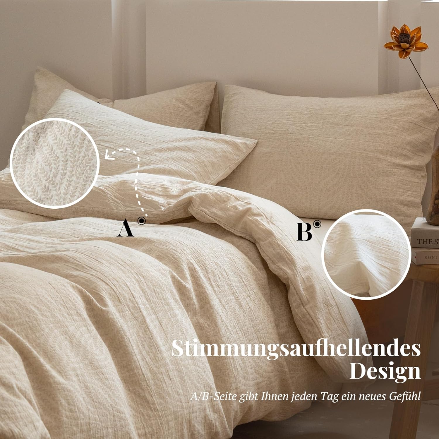 Thumbnail 2 de SOULFUL Leinen Bettwäsche 155x220 aus Baumwolle mit Jacquard-Boho-Textur – 1 Bettbezug + 1 Kissenbezug, OEKO-TEX 100