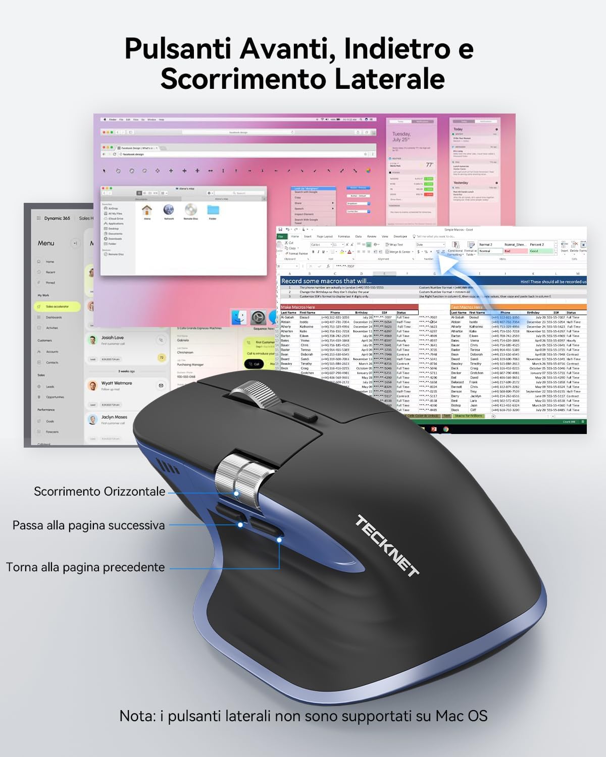 Detalle de TECKNET Mouse Wireless Bluetooth ad Alte Prestazioni: Ergonomico, 4800 DPI, Rotella Orizzontale e Ricarica USB-C