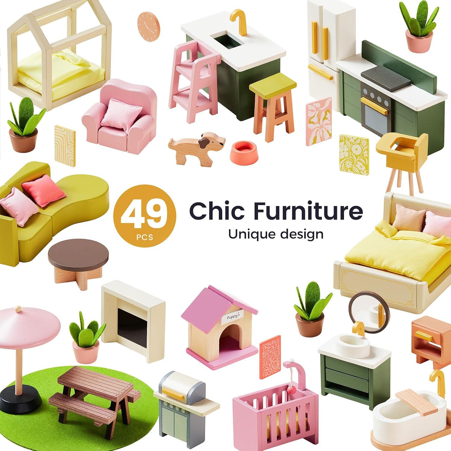 Detalle de Tiny Land Wooden Doll House: Modern Pink 7-Room Family Home with 49 Accessories
