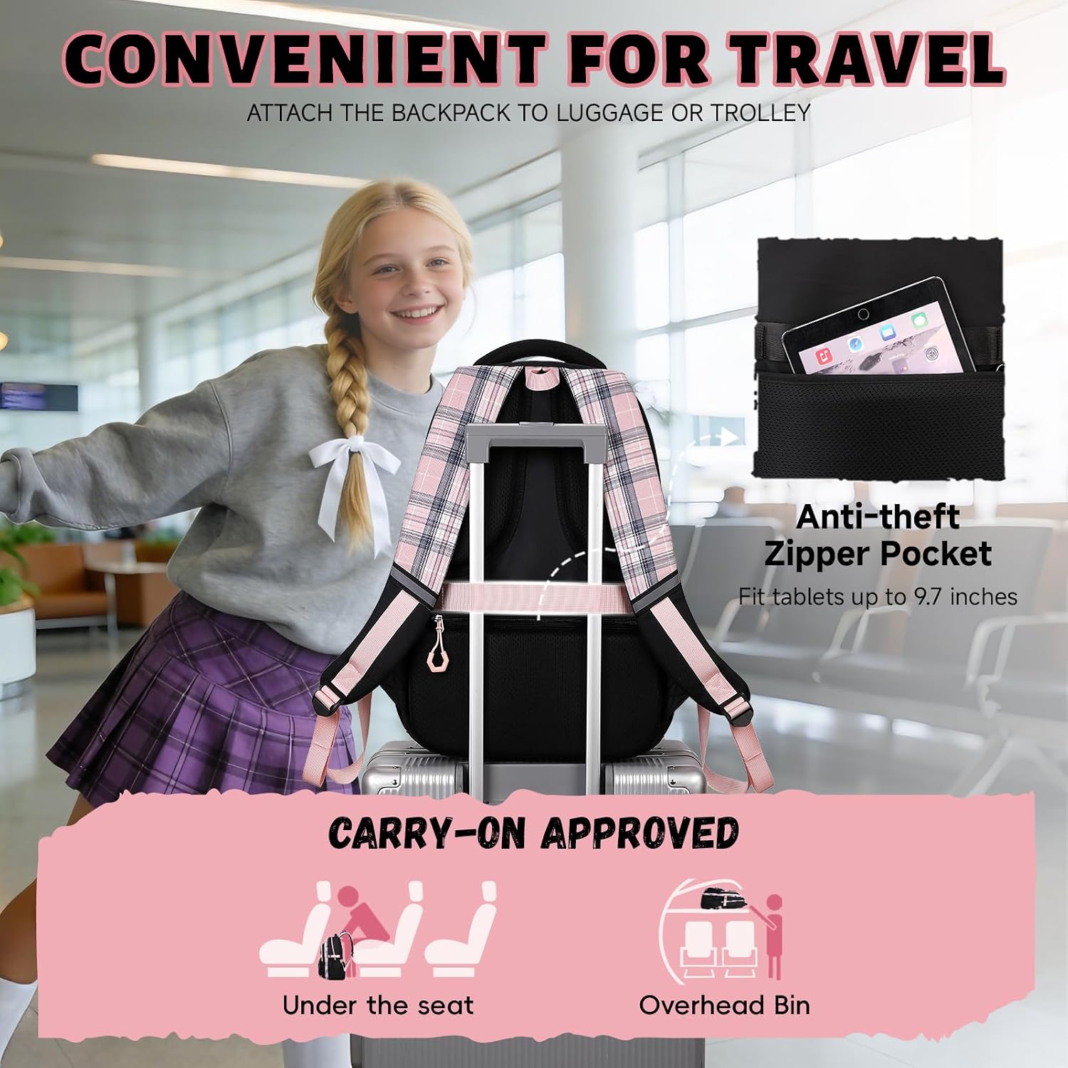 Detalle de Amythe Sac à Dos Fille – Cartable léger et ergonomique 22 L, noir rose (8–14 ans)