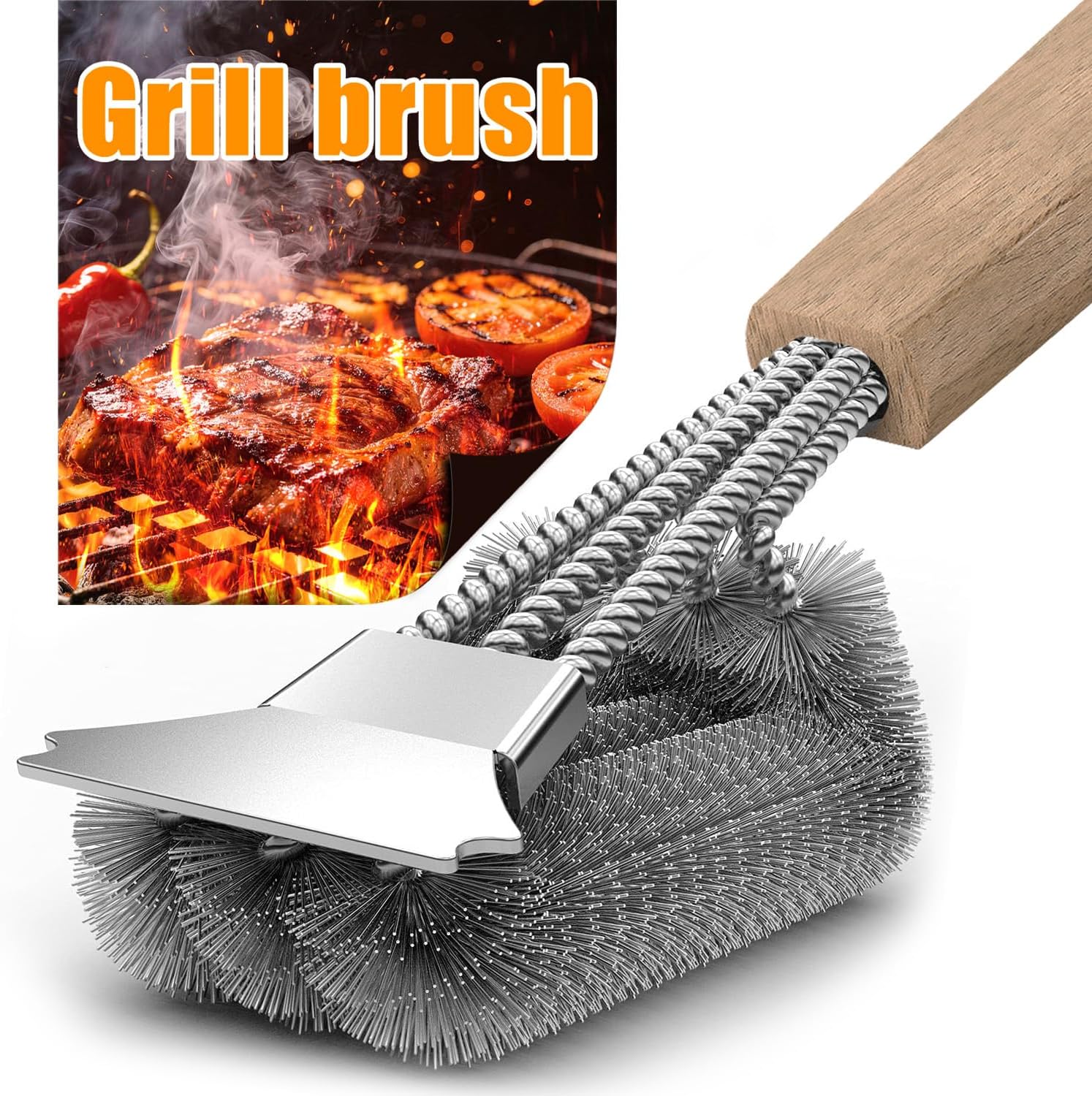 Grillbürste mit Holzgriff und Edelstahlschaber – 39 cm extra langer Reinigungsgriff für Grillrost