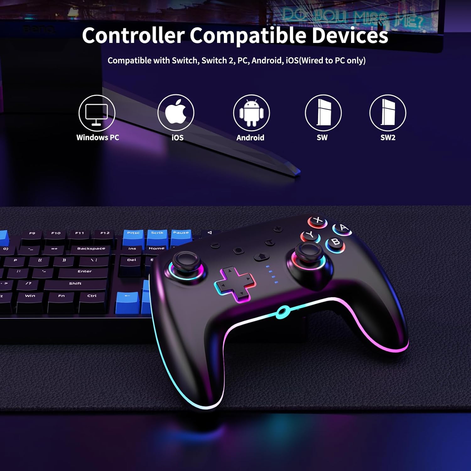 Detalle de RGB Wireless Controller 2er-Pack für Switch, Switch 2, Lite, OLED und PC – 7-Farb-LED, Gyrosensor, Dual-Vibration & Turbo
