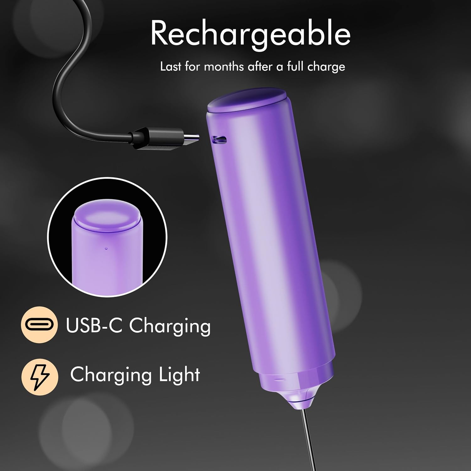 Detalle 2 de New England Stories MF-LPURPLE-KCDDHZ Rechargeable Milk Frother with Dual-Spring Whisk