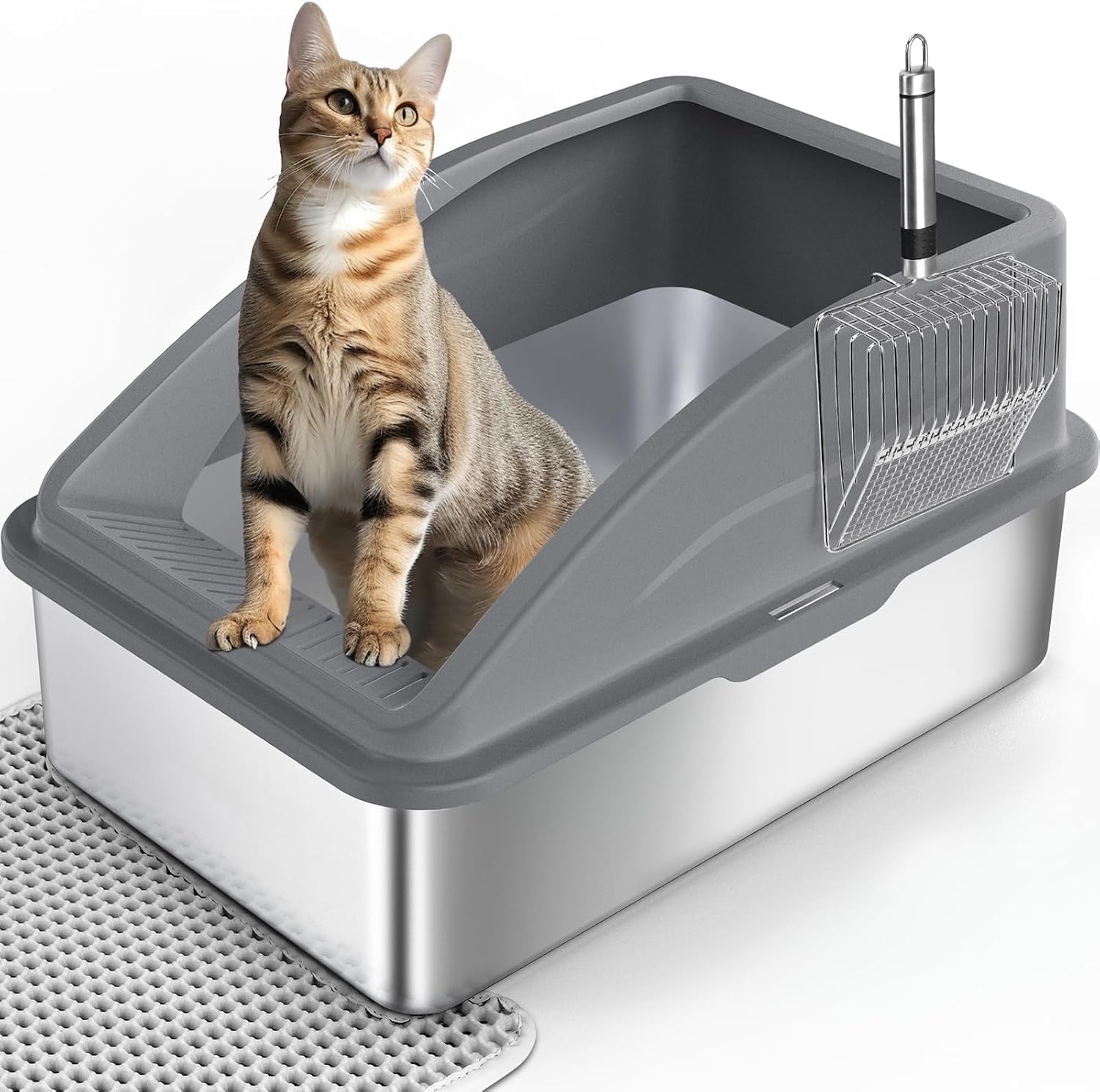 FURTIME Katzenklo Edelstahl XXL – langlebiges, auslaufsicheres Katzentoilette mit 30° Streifilter-Trittfläche