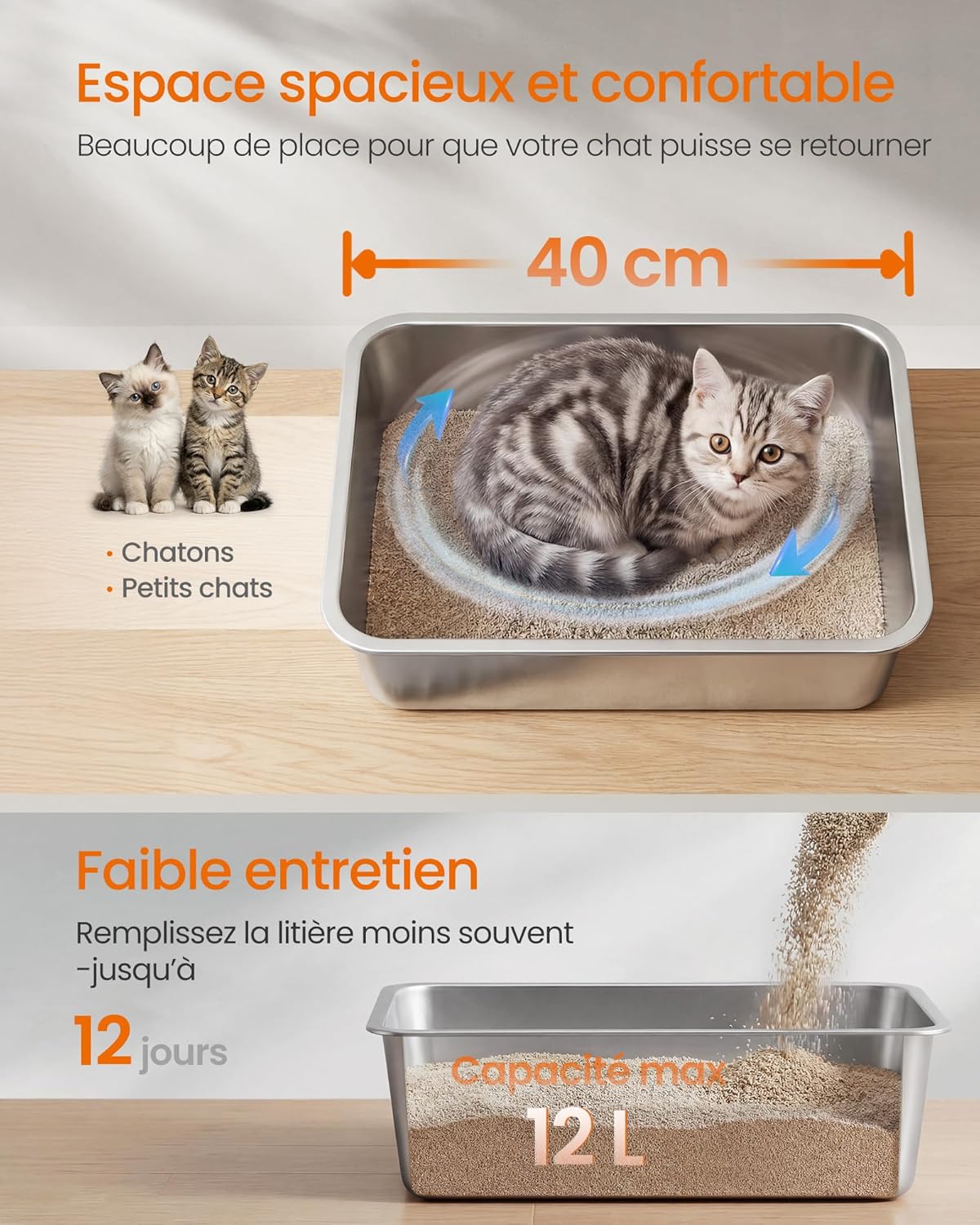 Detalle 2 de Feandrea Bac à Litière en Acier Inoxydable pour Chat – 40 x 30 x 10 cm, ouvert avec pelle