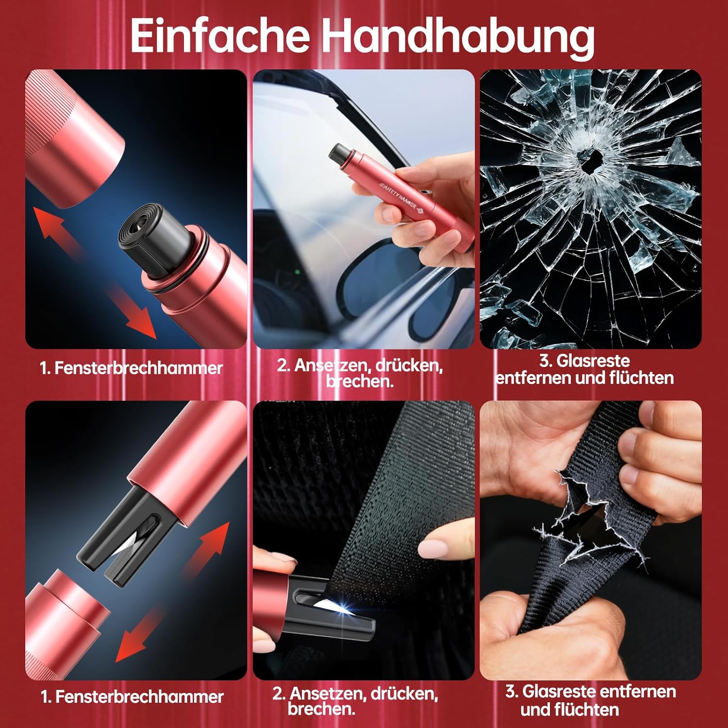 Thumbnail 5 de Marteau de secours 2-en-1 avec coupe-ceinture, kit sécurité 4 pièces (brise-vitre à ressort, lame en U, base adhésive)