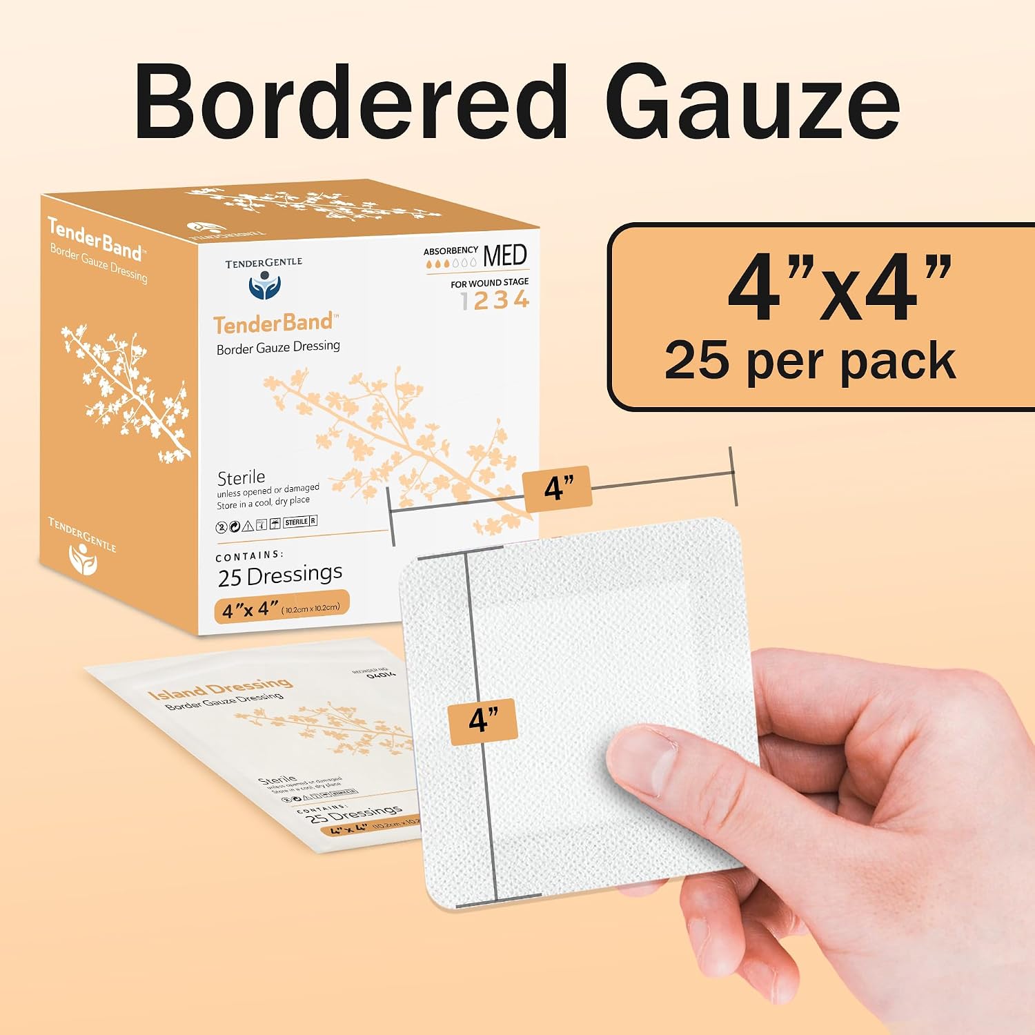 Detalle 2 de TenderGentle 4x4 Bordered Gauze Island Dressings, Sterile Adhesive Pads, 25 Count