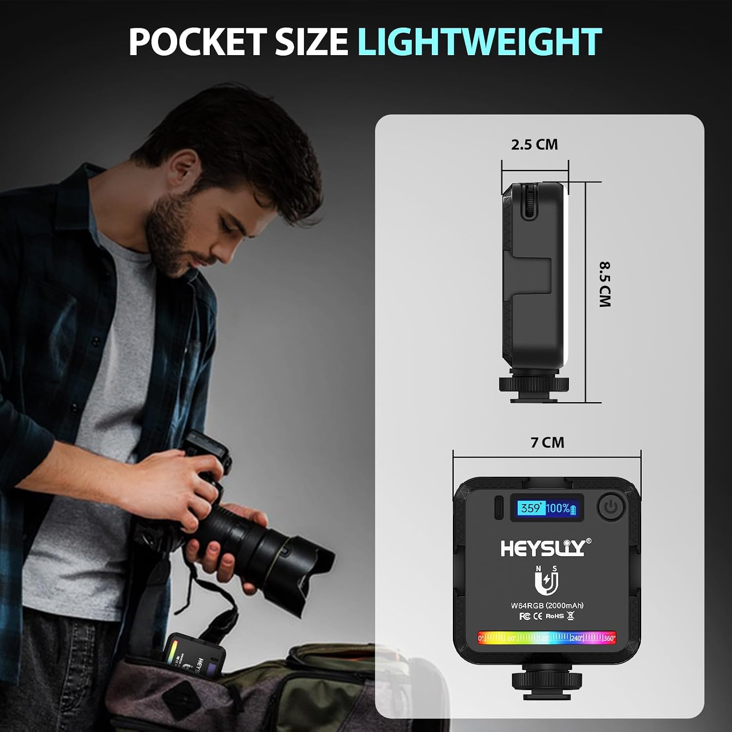 Thumbnail 2 de Heysliy Magnetic RGB Video Light – Portable, versatile LED for on‑the‑go photography