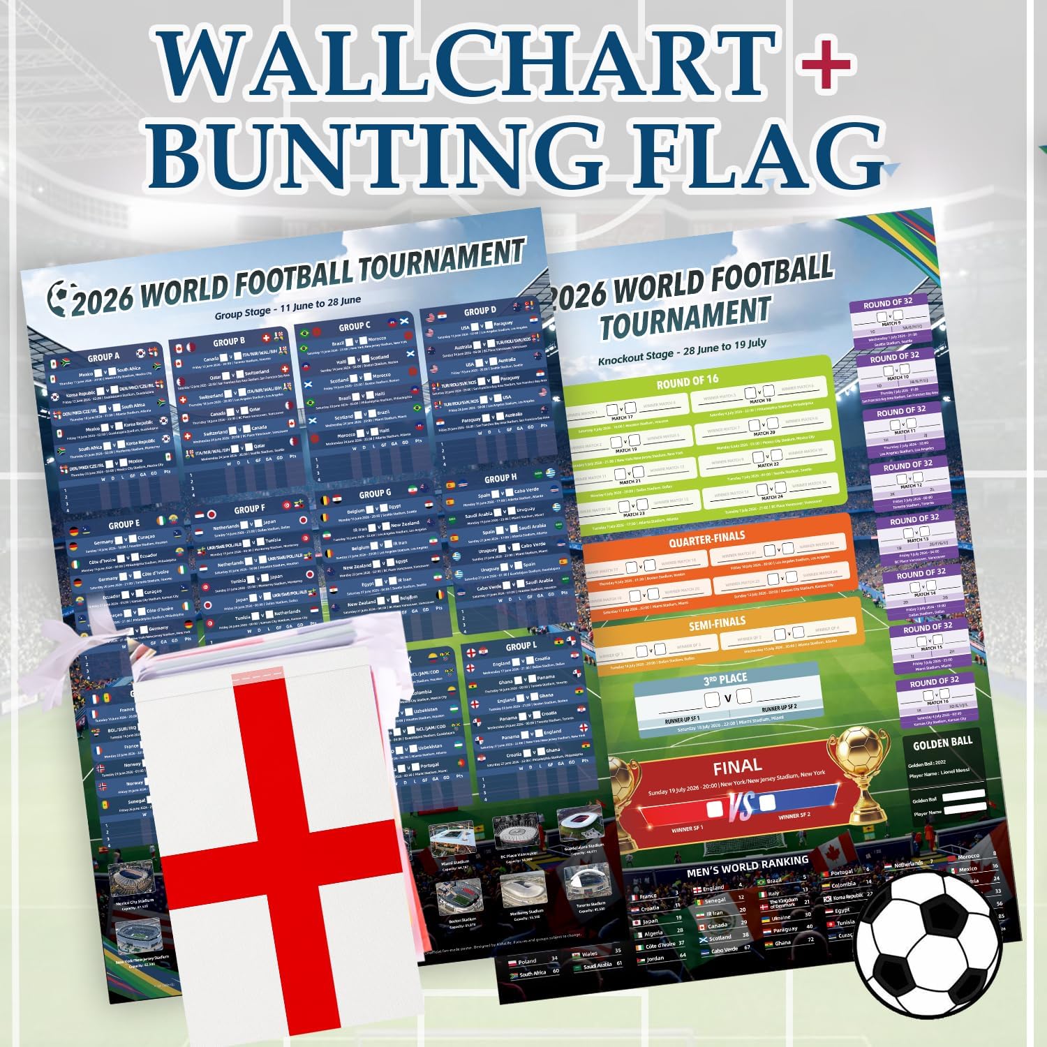 Thumbnail 5 de AhfuLife World Cup 2026 Flags Bunting & Wall Chart Set (15m, 48 Flags + 2 Posters) – A2 Poster with 48 Teams Schedule