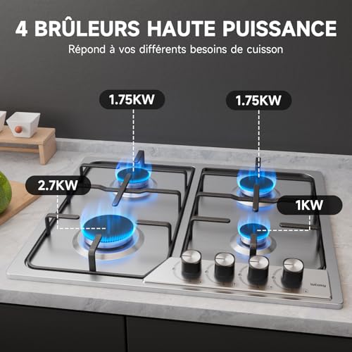 Thumbnail 3 de Plaque Gaz 4 Feux Inox IsEasy – Table Gaz 60 cm, 7200W, encastrable