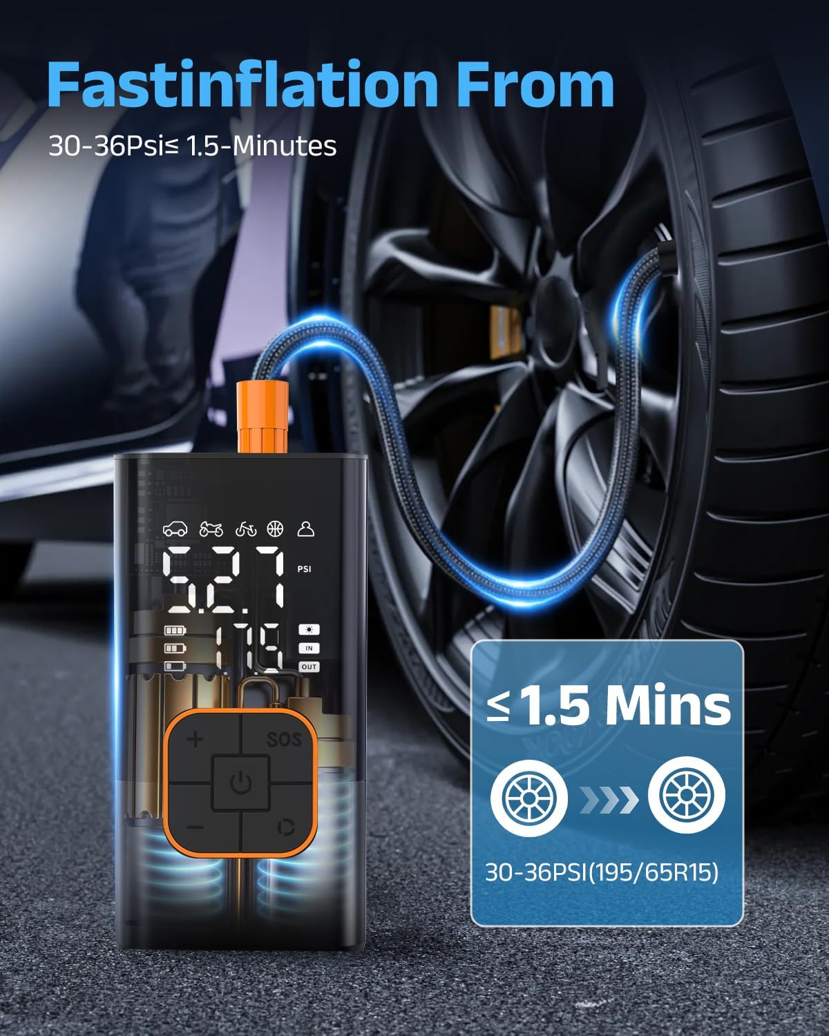 Detalle de Tyre Inflator Air Compressor: cordless electric bike pump & car tyre inflator with digital gauge (150 PSI)