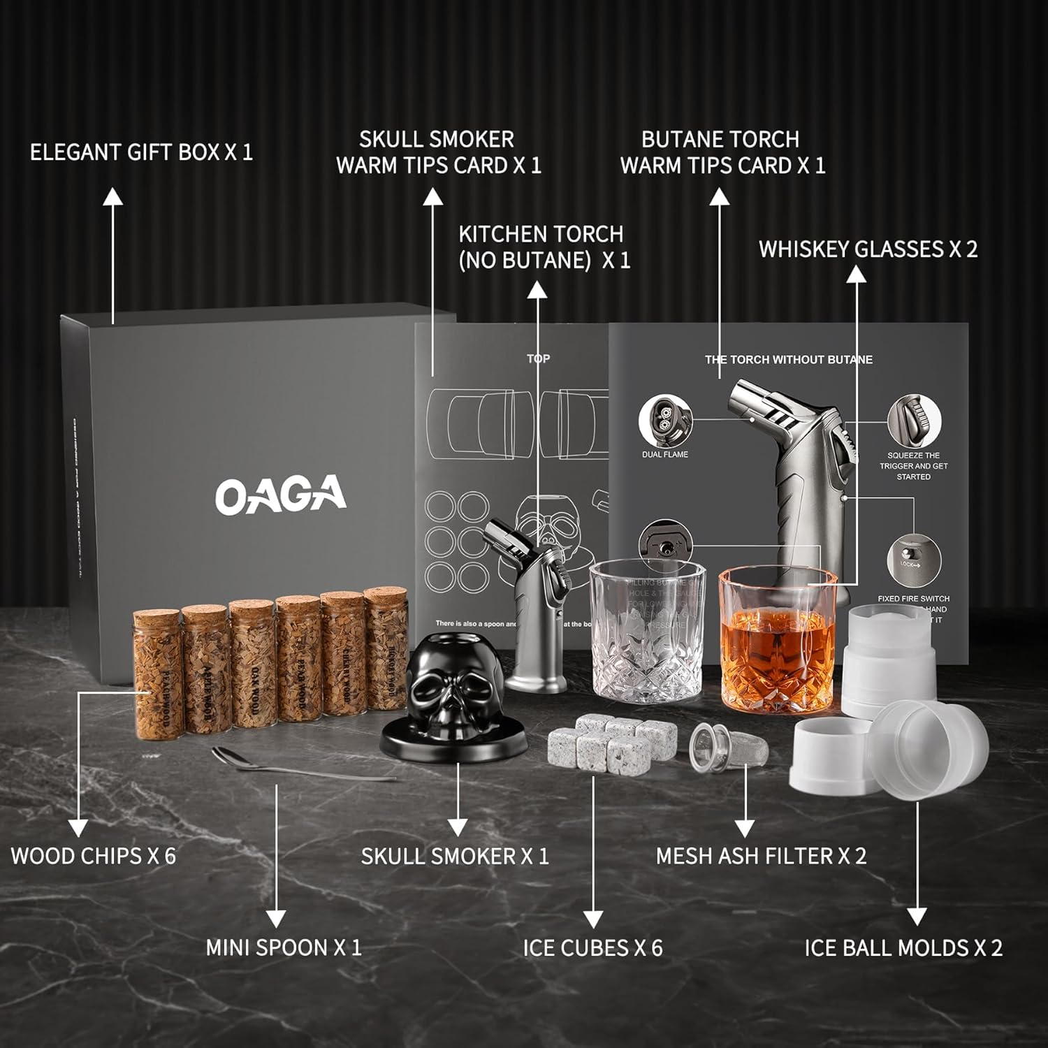 Detalle de Whiskey Smoker Kit with Torch - 21 Sets: Skull Design, 6 Wood Flavors & No Butane