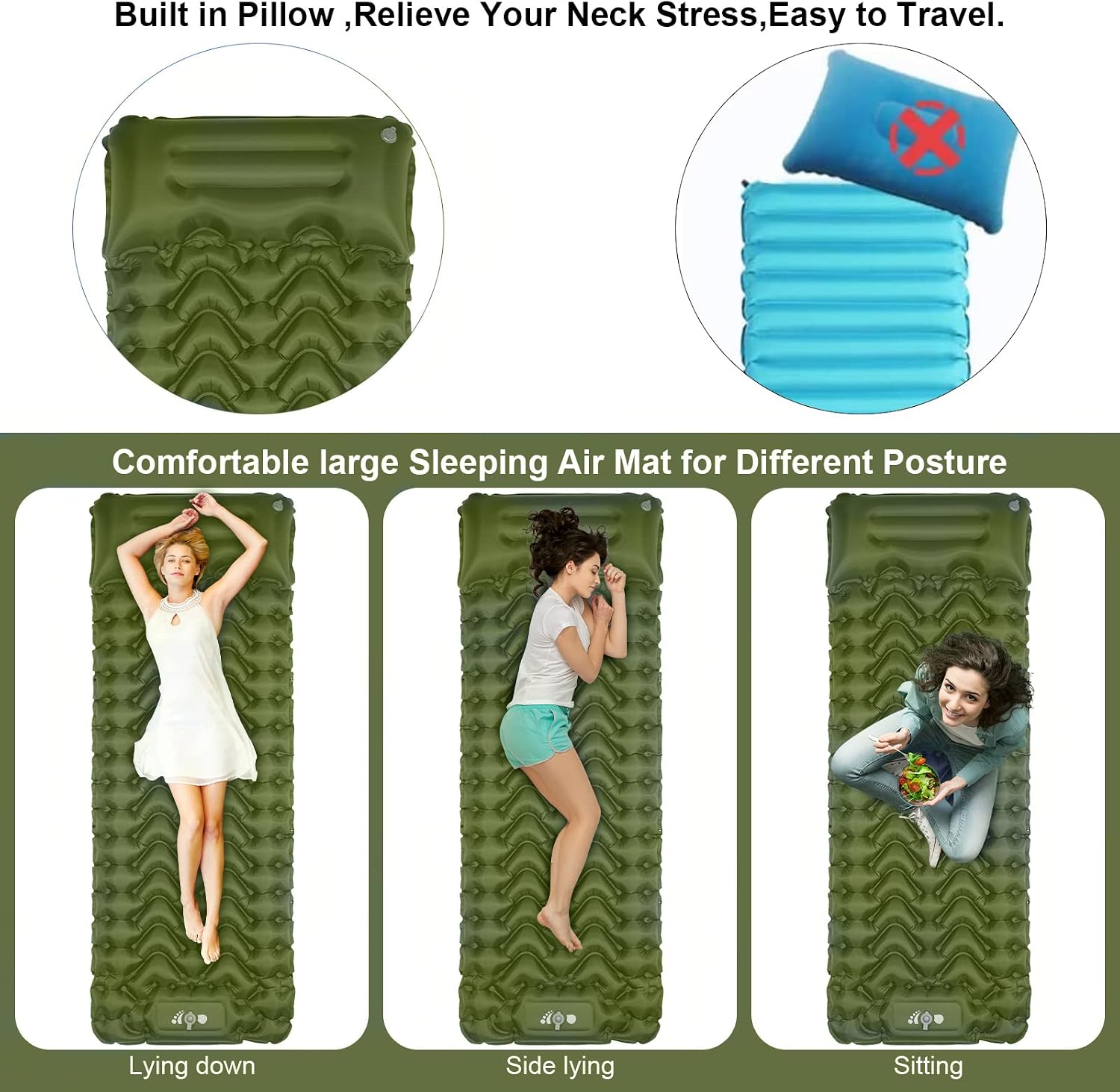 Thumbnail 4 de MOXILS DM-SLP02 Inflatable Sleeping Pad with Built-In Foot Pump, Green