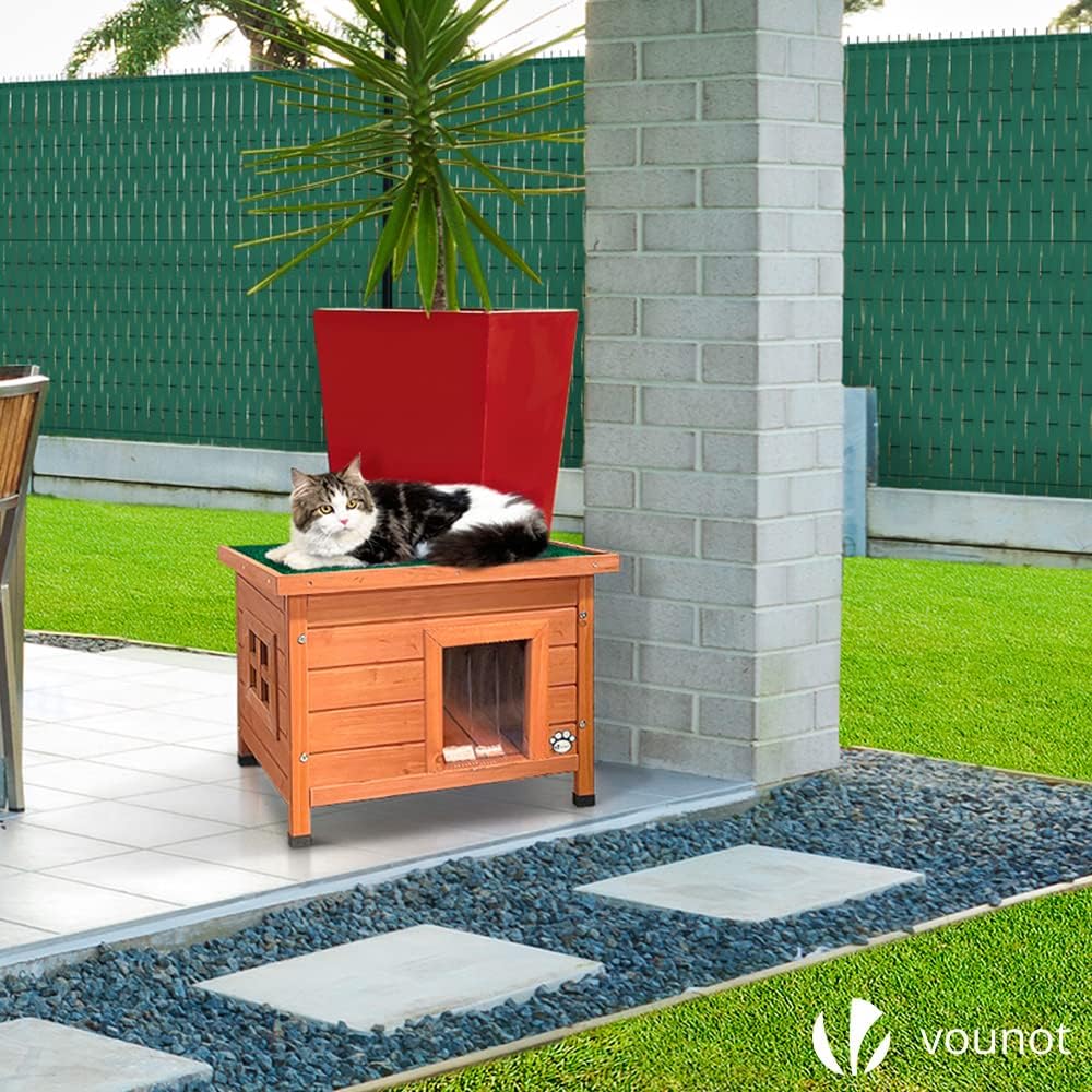 Detalle de VOUNOT Katzenhaus aus Holz mit Aspalthdach – Outdoor Katzenhütte 57 x 45 x 43 cm