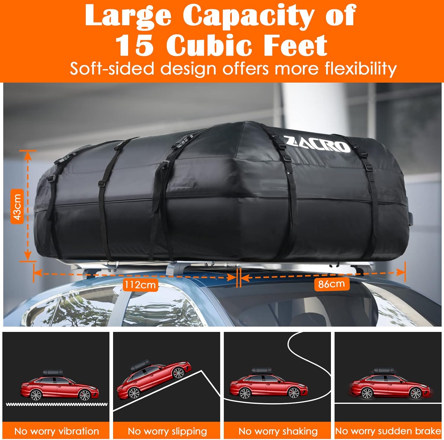 Detalle 2 de Zacro Car Roof Bag – 15 Cubic Feet, Waterproof Foldable Carrier