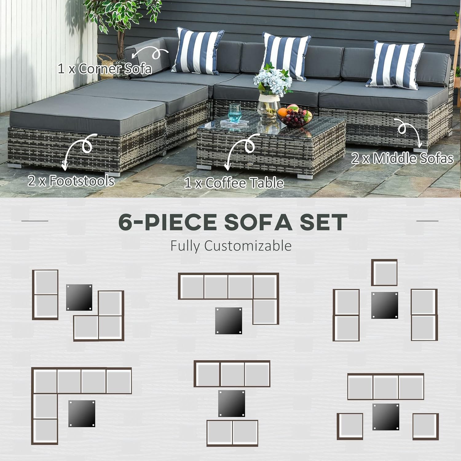Detalle de Outsunny 6-piece rattan effect garden furniture set with 5-seater sofa, glass top coffee table and ottomans (grey)