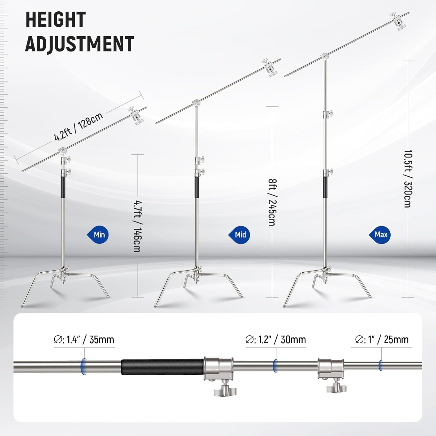 Thumbnail 2 de NEEWER BASICS SC320 Lite stainless steel C stand with boom arm (up to 10.5ft/320cm) — heavy duty studio light support