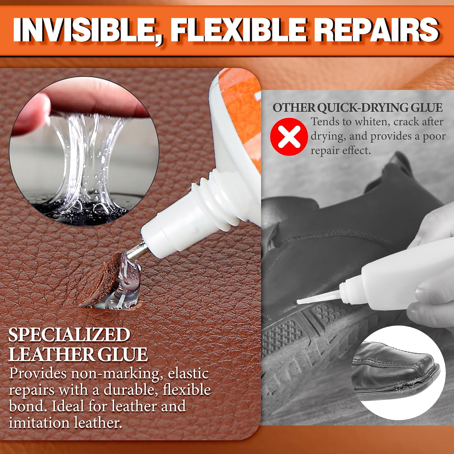 Detalle de GleamGlee GF-4 Leather Glue, Waterproof Flexible Adhesive, Metal Tip, 60 ml