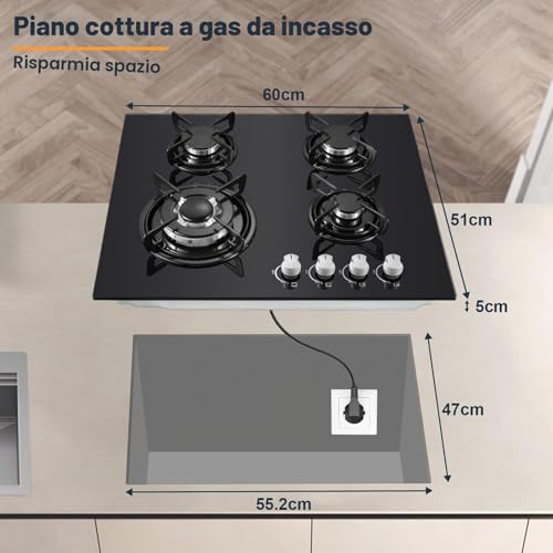 Thumbnail 6 de TopStrong Piano Cottura a Gas 4 Fuochi in Vetro Nero – 8060 W, FFD, NG/LPG