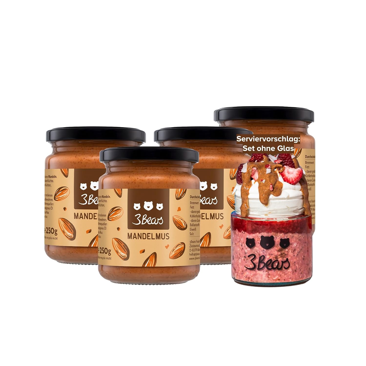 3Bears Mandelmus (100% geröstete Nüsse) – glutenfrei & vegan, cremig und intensiv, 4 x 250 g
