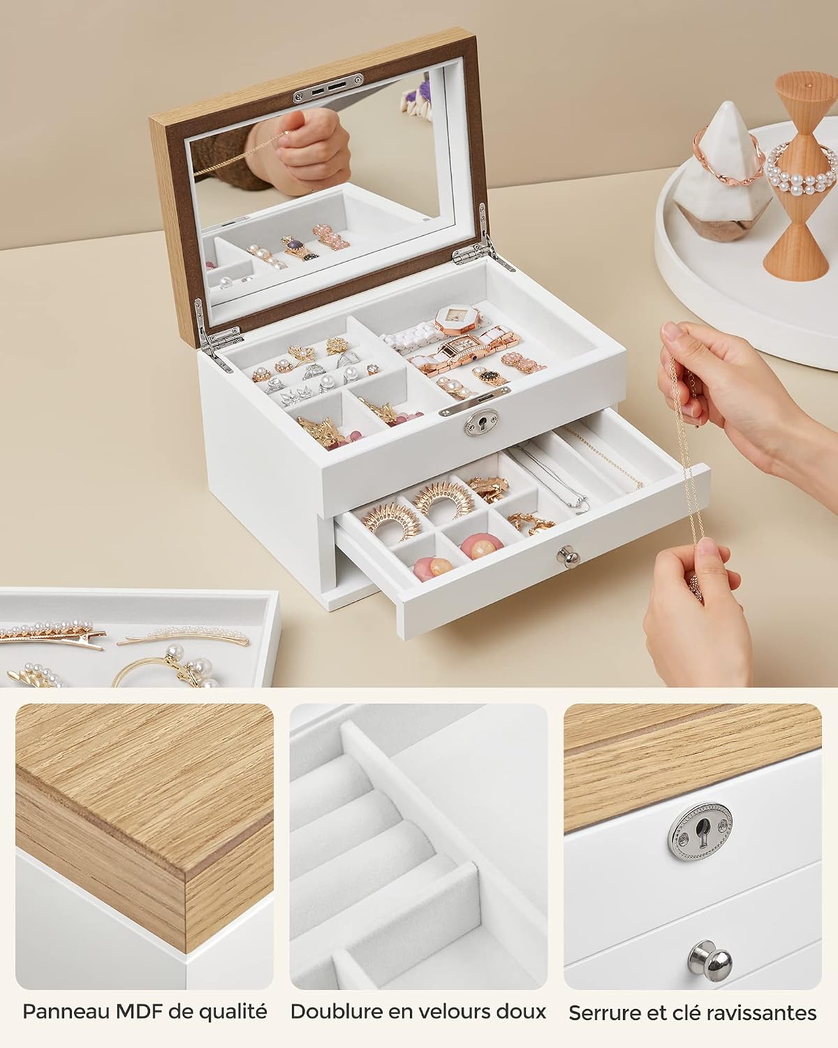 Thumbnail 4 de Songmics Boîte à Bijoux 3 Niveaux – Coffret en bois d'ingénierie avec miroir et Tiroirs (JOW15WN)