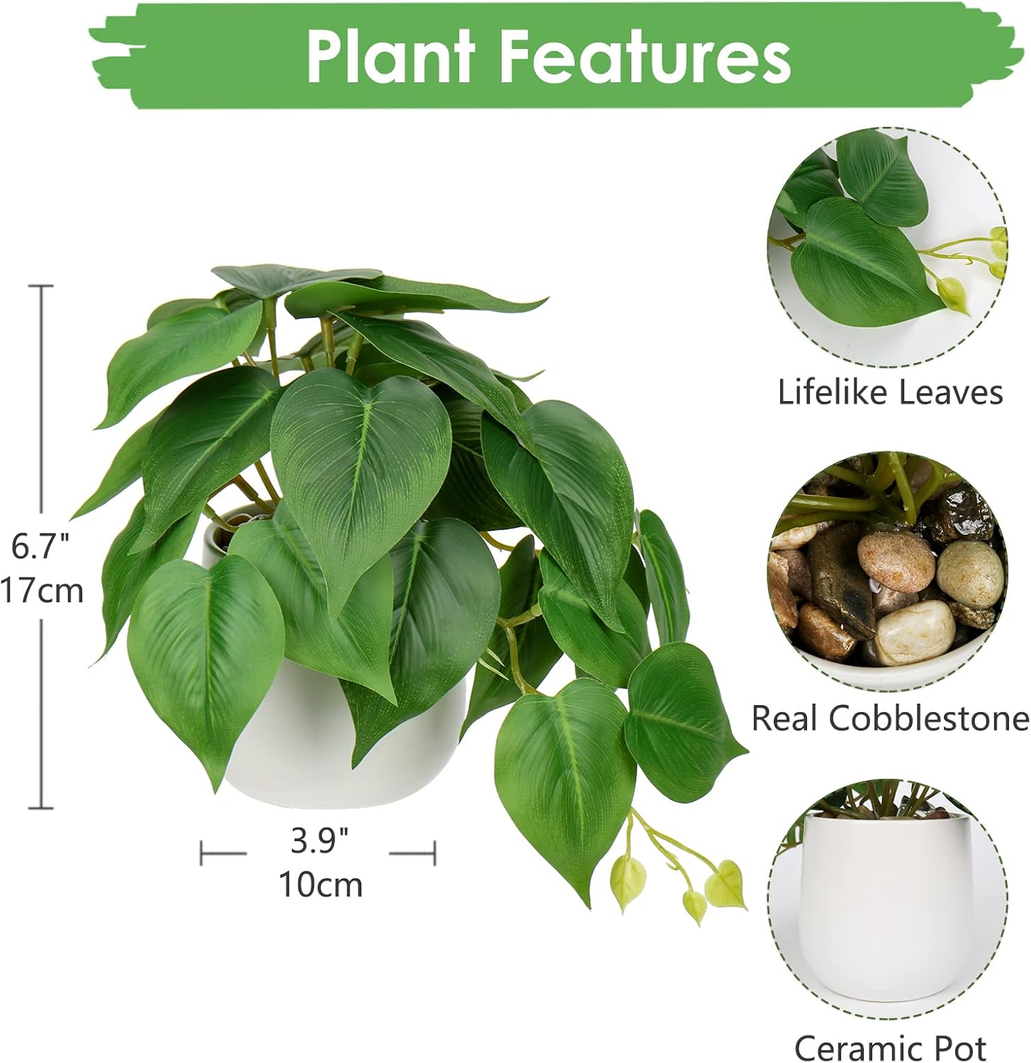 Detalle de Oairse Small Artificial Plants in Ceramic Pots – Realistic Pothos for Indoor Decor