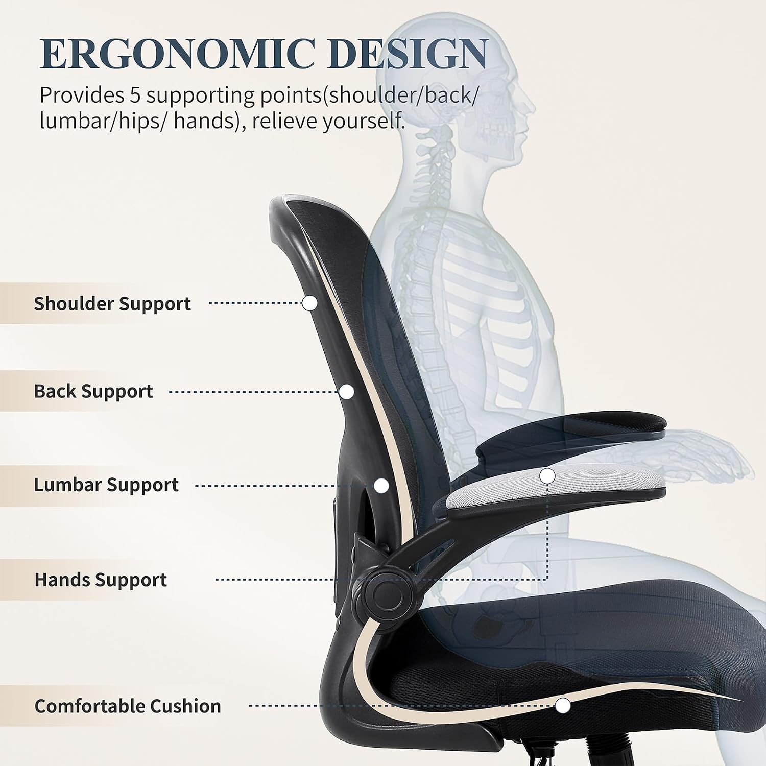 Detalle 1 de Youhauchair YC-5001BK Mesh Office Chair with Lumbar Support and Flip-up Arms