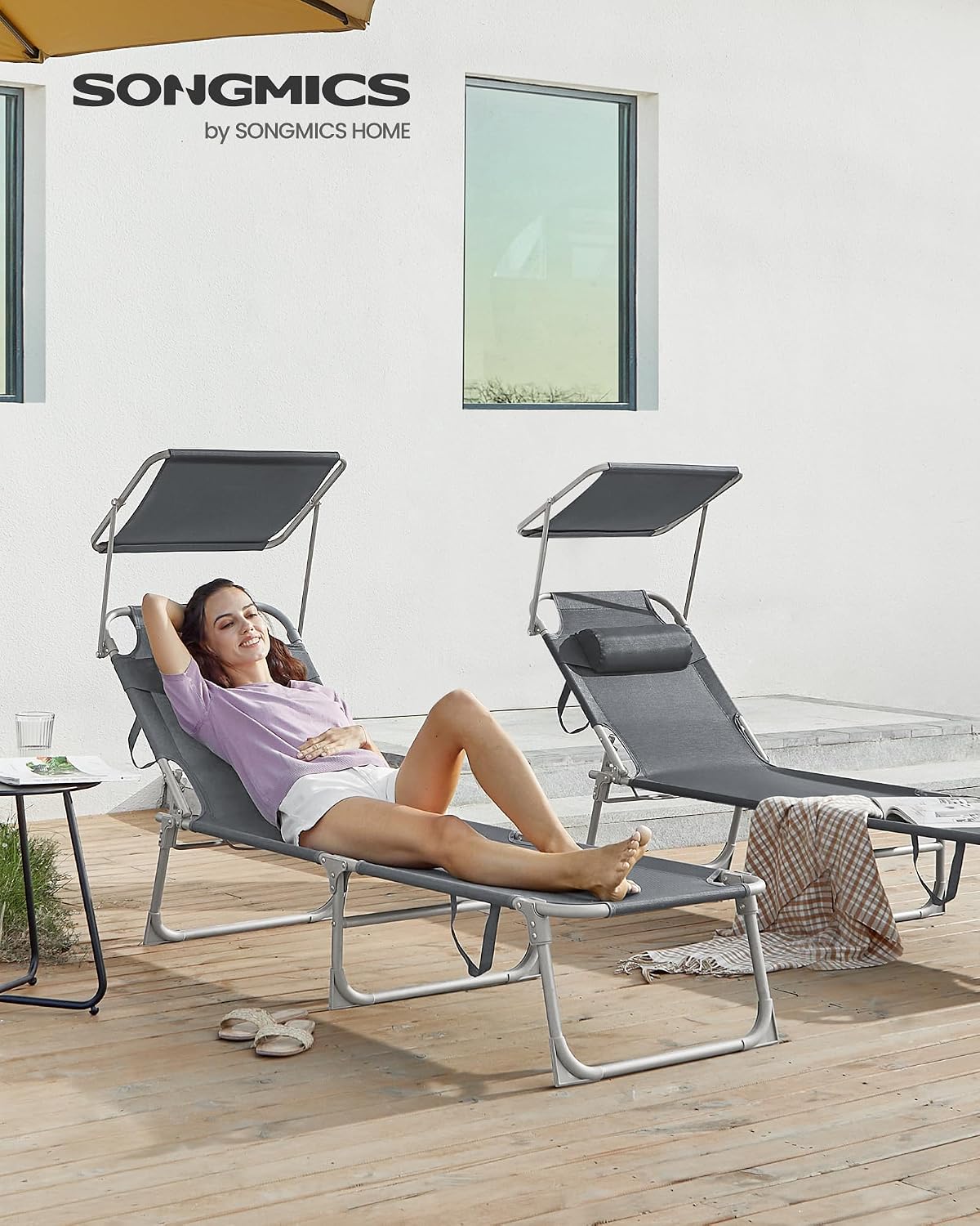 Thumbnail 1 de SONGMICS Tumbona Reclinable GCB19UV1: descanso estable y plegable para terraza, piscina y jardín