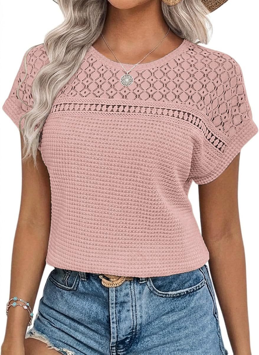 Detalle de Chicrise Damen Bluse Elegant Kurzarm Spitzenoberteil – Häkel Rundhals Sommer
