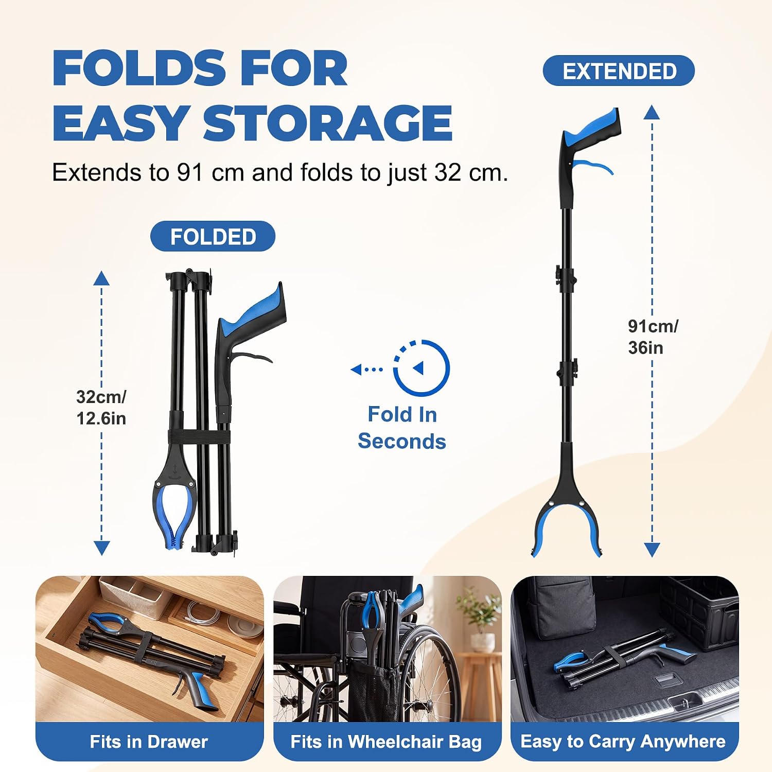 Thumbnail 1 de 91cm Extra Long Grabber Reacher with Magnetic Tip and Foldable Design