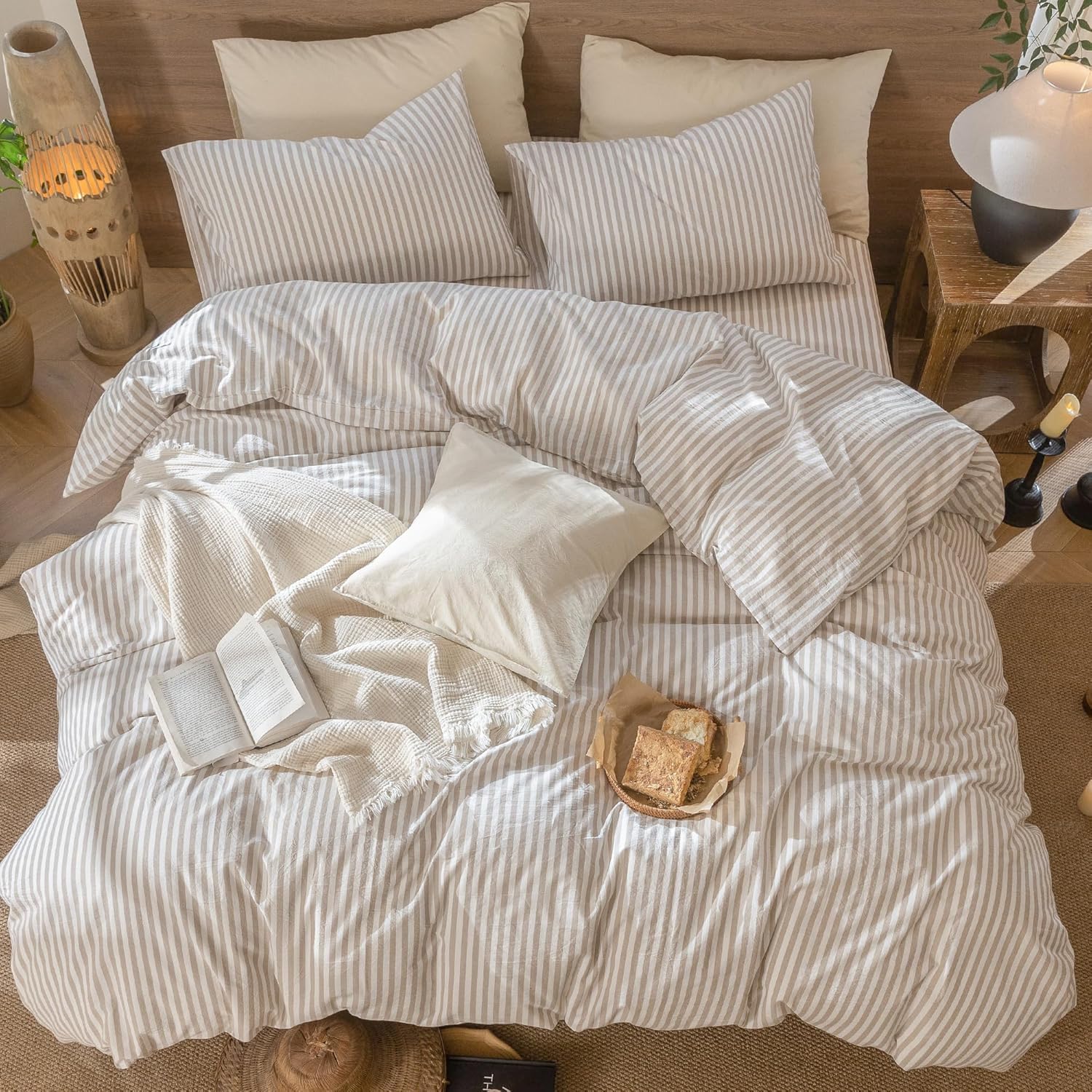 Thumbnail 4 de MooMee Striped Duvet Cover Set in Washed Cotton (Queen 90"x90")