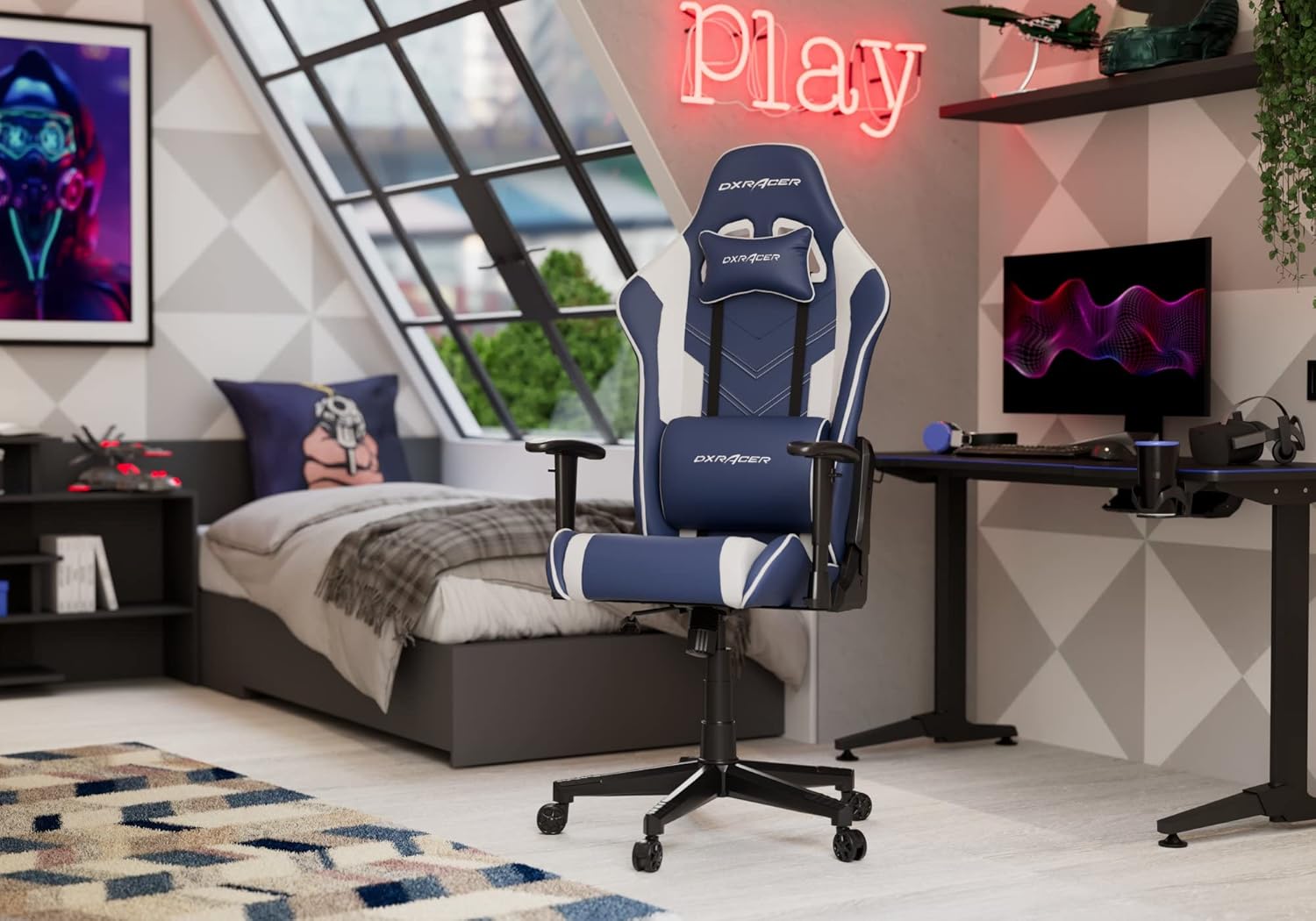 Detalle 2 de DXRacer PRINCE L Bleu & Blanc PVC Cuir – Fauteuil gaming ergonomique, cuir synthétique premium