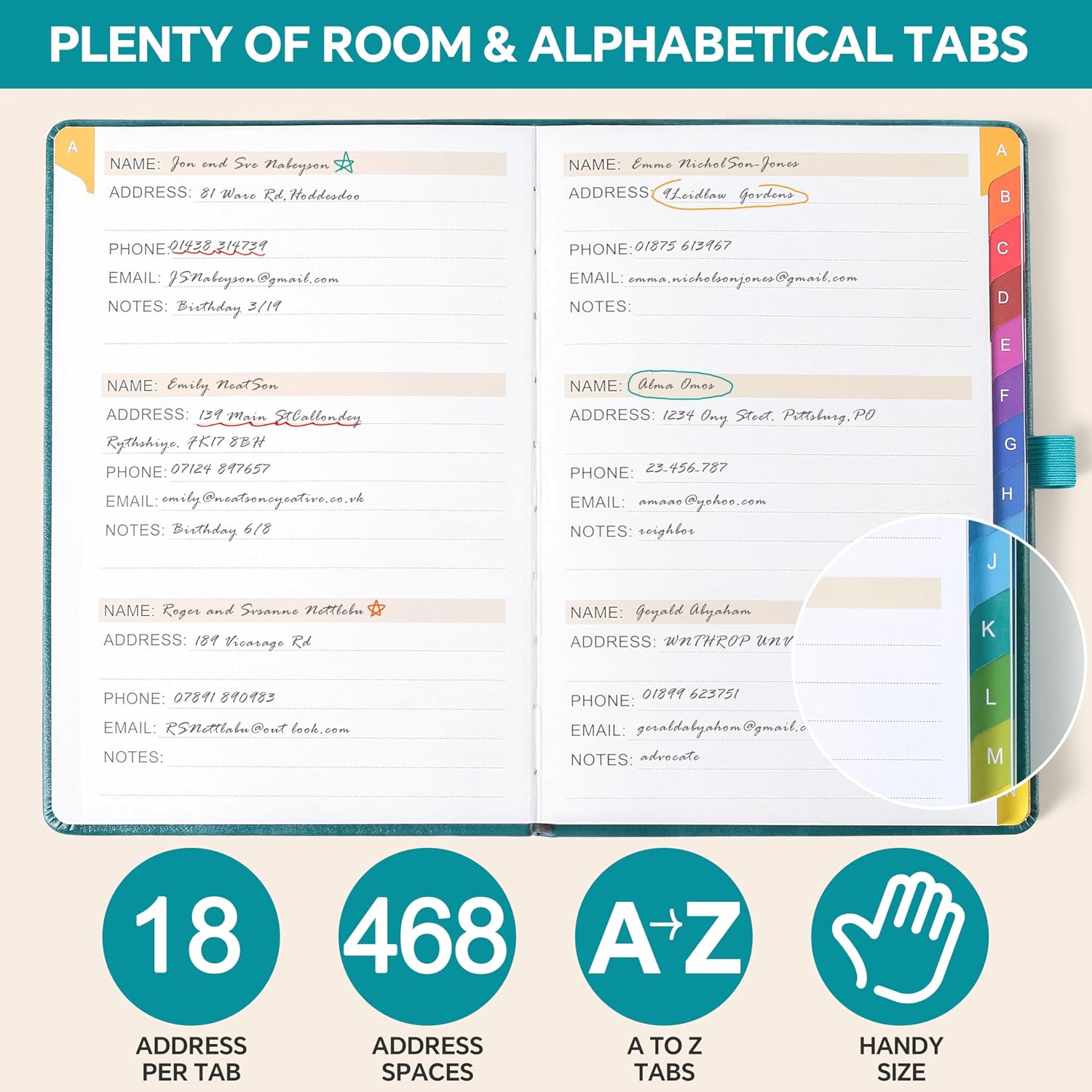 Detalle 2 de ZXHQ ZXUSADDRESSBOOK08 Address Book, 600+ Contacts, Sage Green Hardcover
