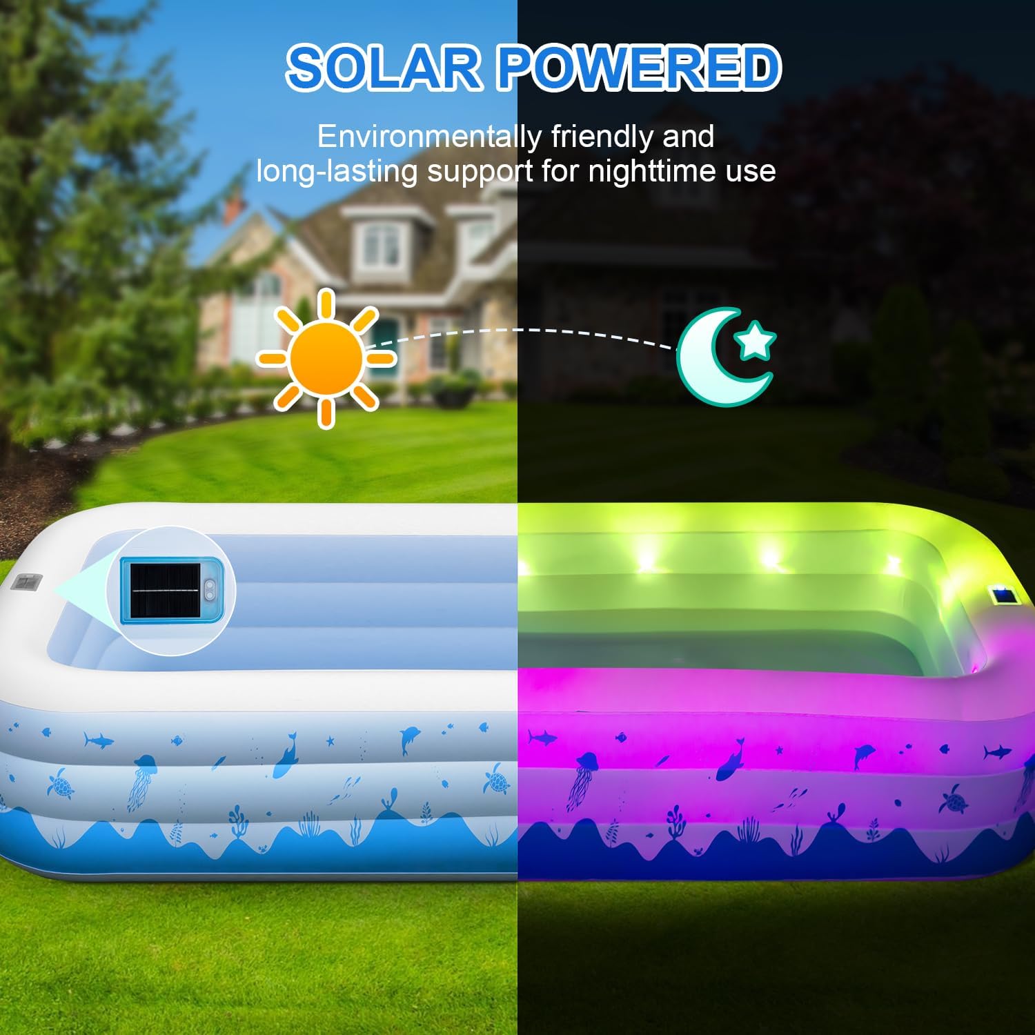 Detalle de Large Inflatable Pool with Lights (145" x 74" x 22") — Solar-Powered, UV-Resistant, 744-Gallon Family Pool