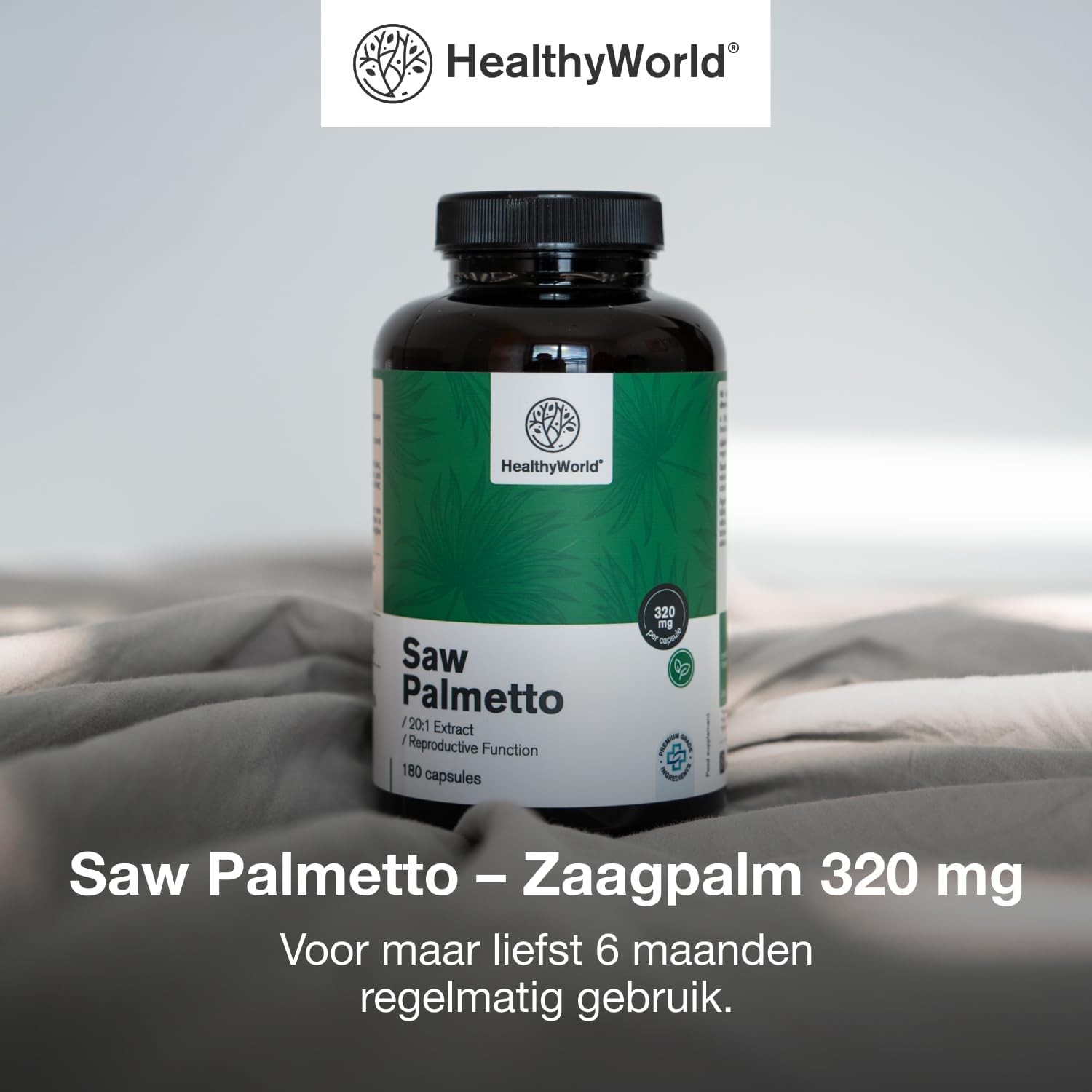 Detalle de HealthyWorld Saw Palmetto zaagpalmsupplement met zink, 20:1-extract, 180 capsules