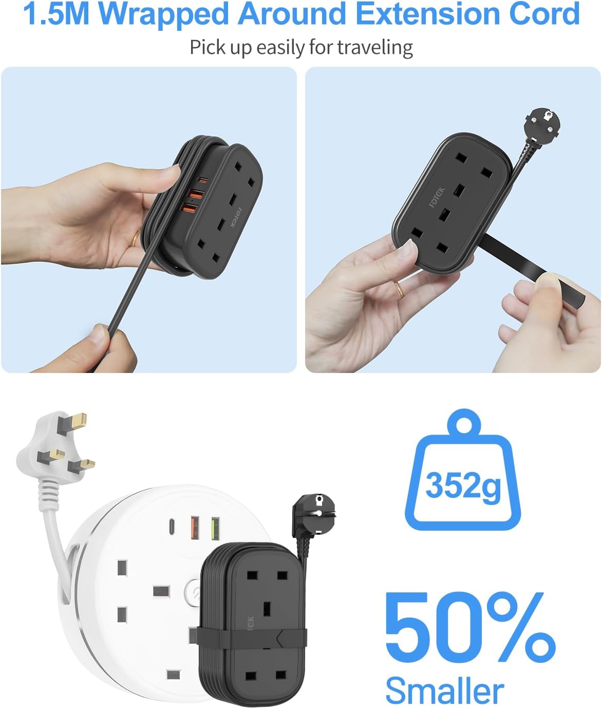 Detalle 2 de FDTEK UK to European Plug Adapter with 1.5m Extension Cable and 3 USB Ports (Type E/F)
